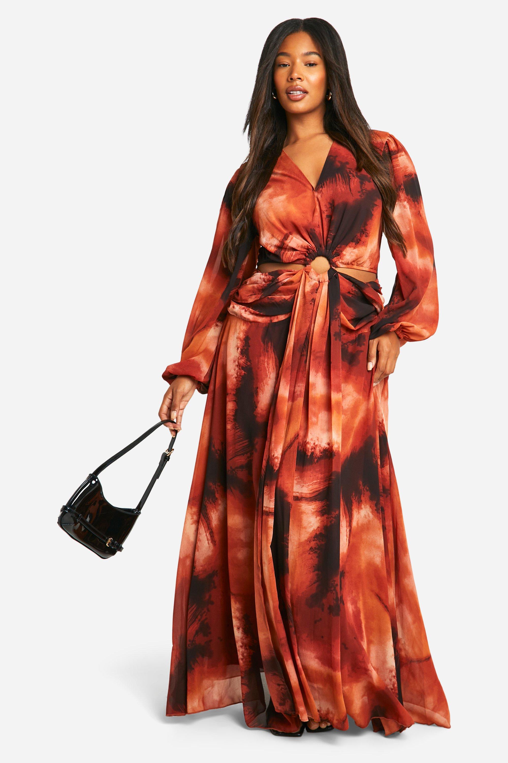 Boohoo Plus Chiffon Ombre Maxi Jurk Met Uitsnijding, Brown