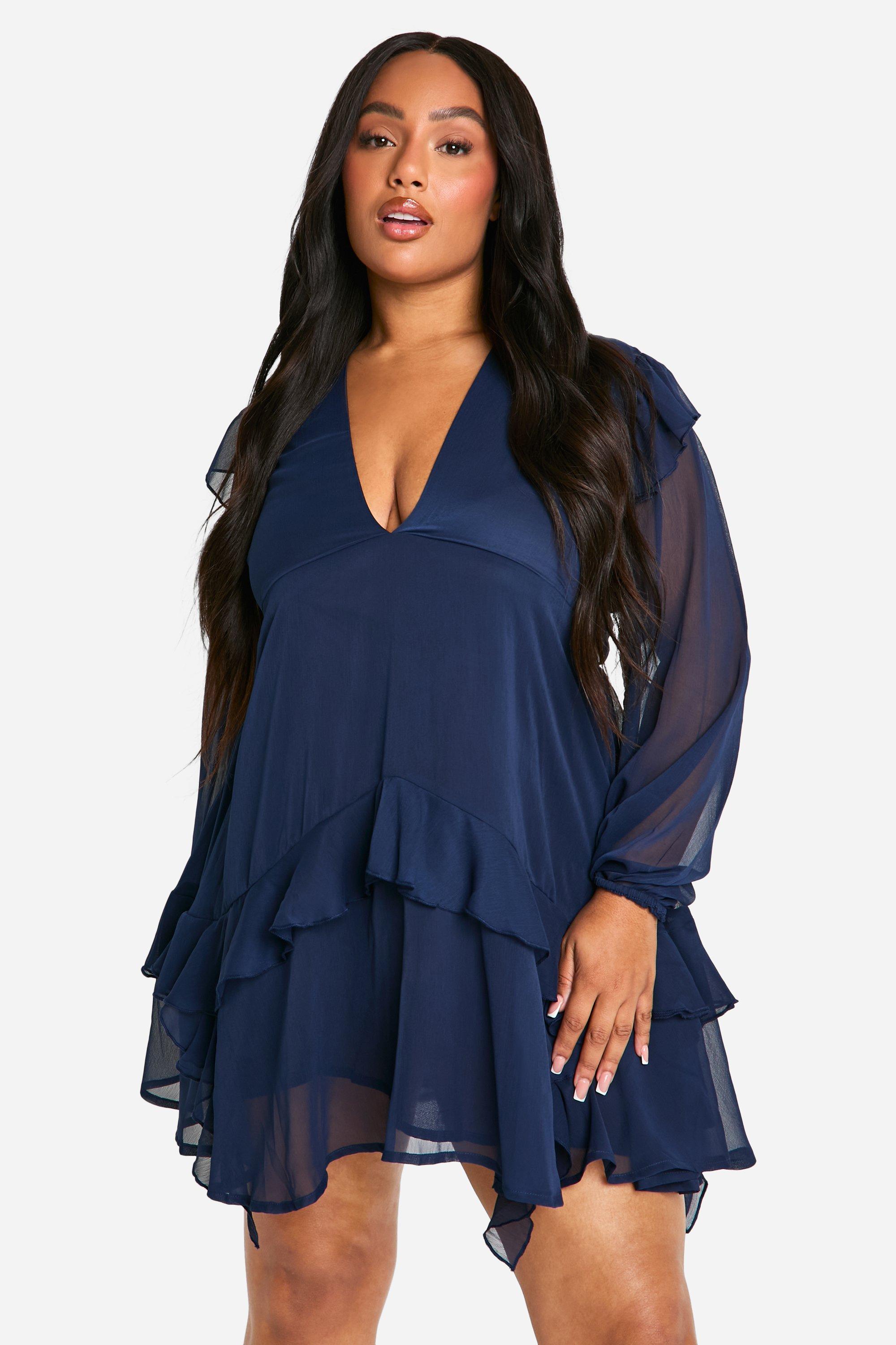 Boohoo Plus Gekreukelde Gesmokte Chiffon Jurk Met Ruches, Navy