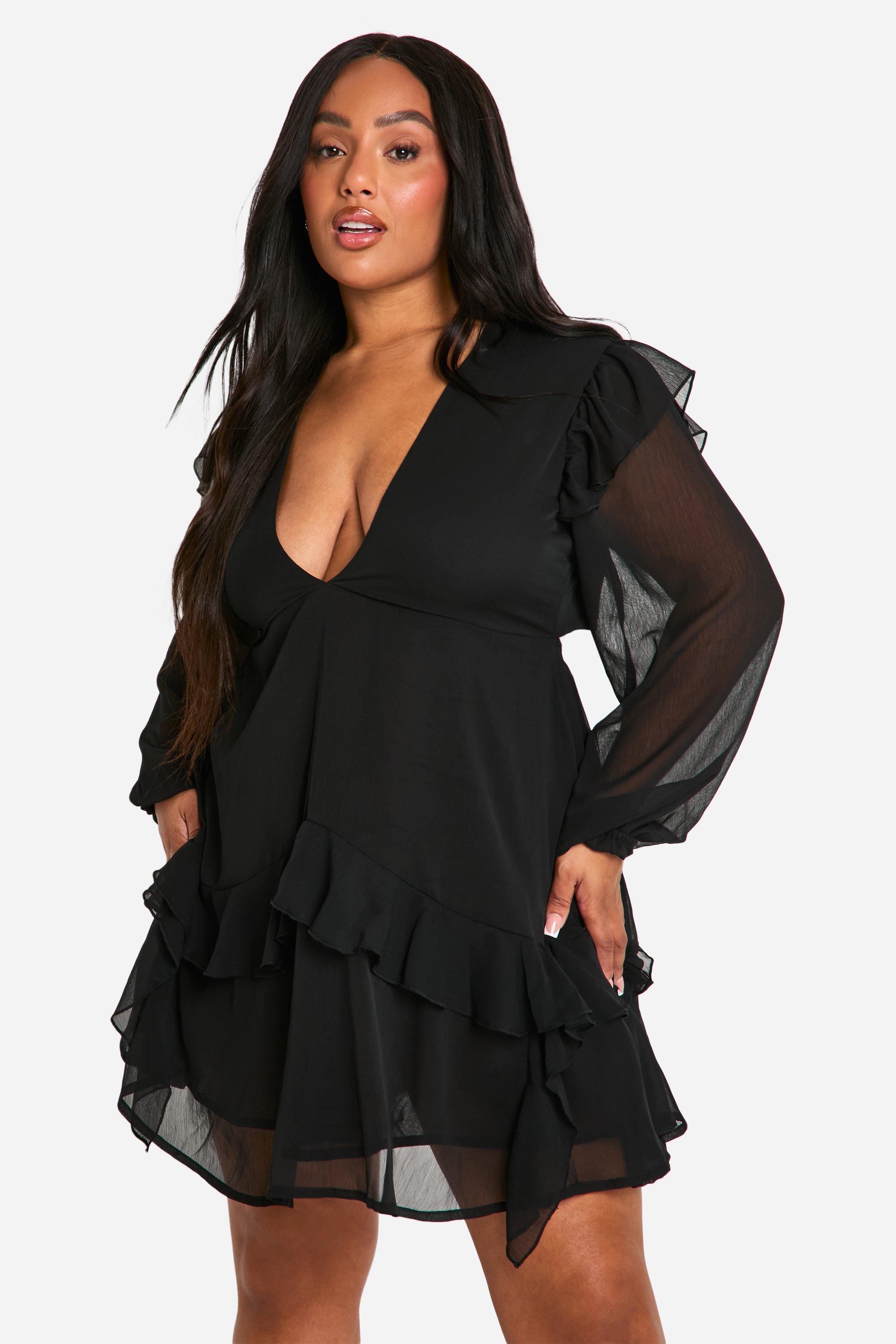 Boohoo Plus Gekreukelde Gesmokte Chiffon Jurk Met Ruches, Black