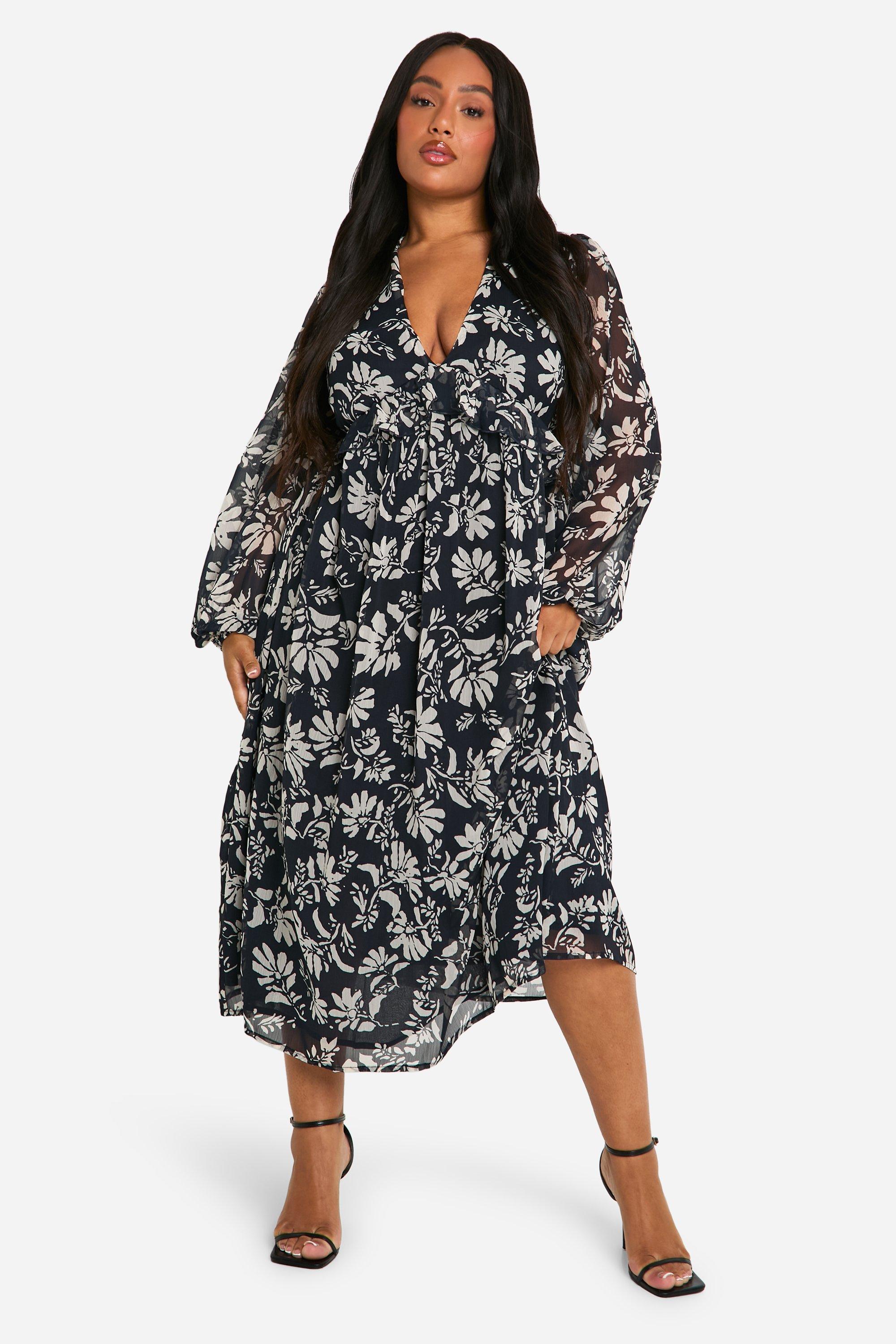 Boohoo Plus Chiffon Mono Chiffon Bloemen Midaxi Jurk Met Lange Mouwen En Franjes, Black