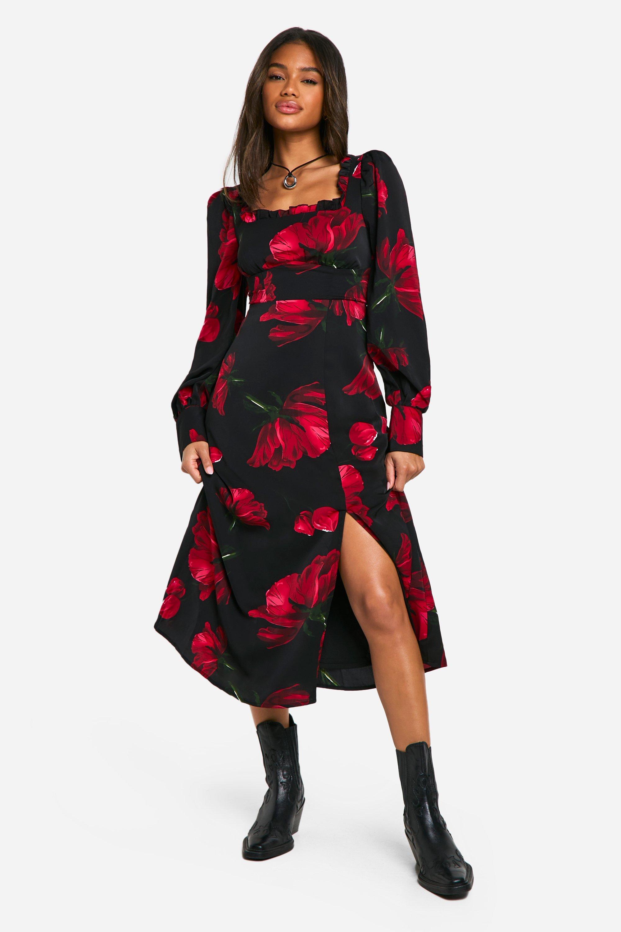 Boohoo Bloemen Melkmeisjes Midaxi Jurk Met Korset Detail, Black