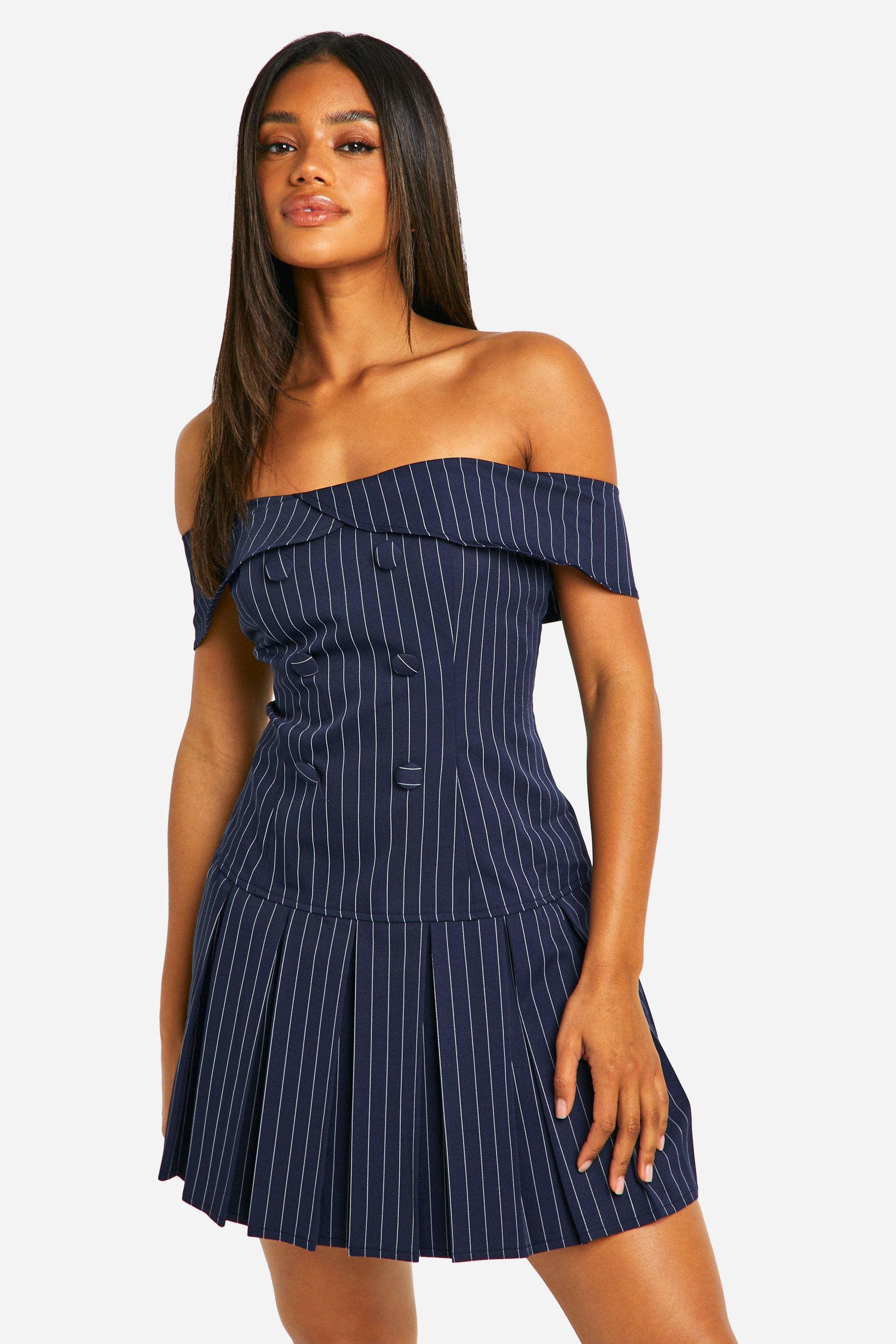 Boohoo Gestreepte Off Shoulder Tennis Rok Jurk, Navy