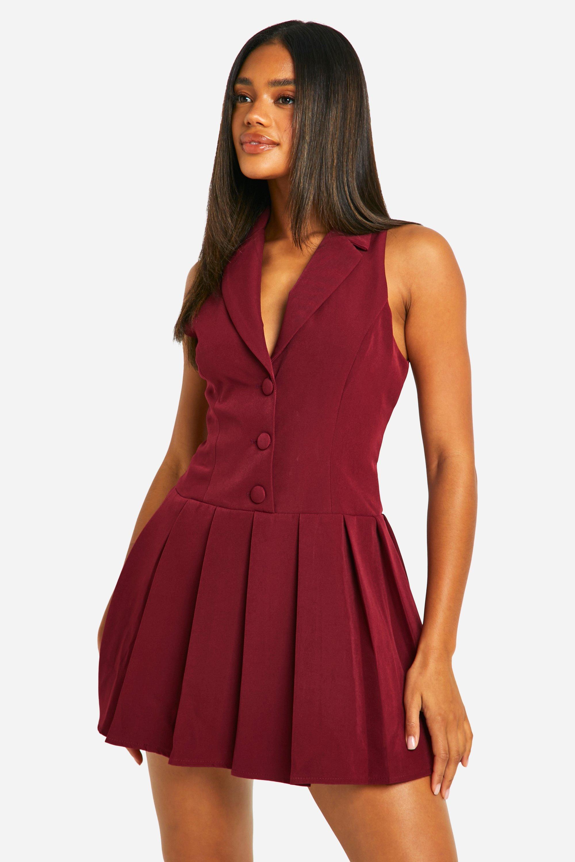 Boohoo Tennis Jurk Met Gilet En Tennisrok, Burgundy