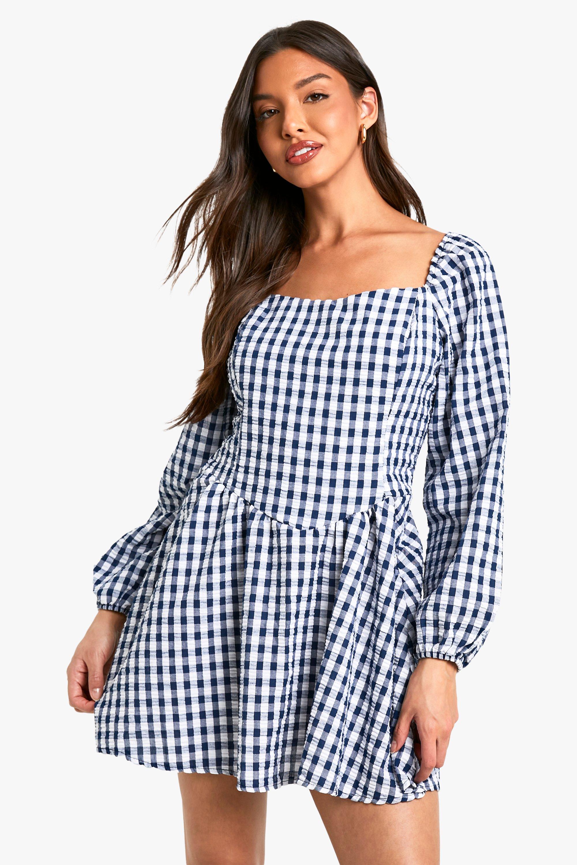 Boohoo Gingham Mini Jurk Met Lange Mouwen, Navy