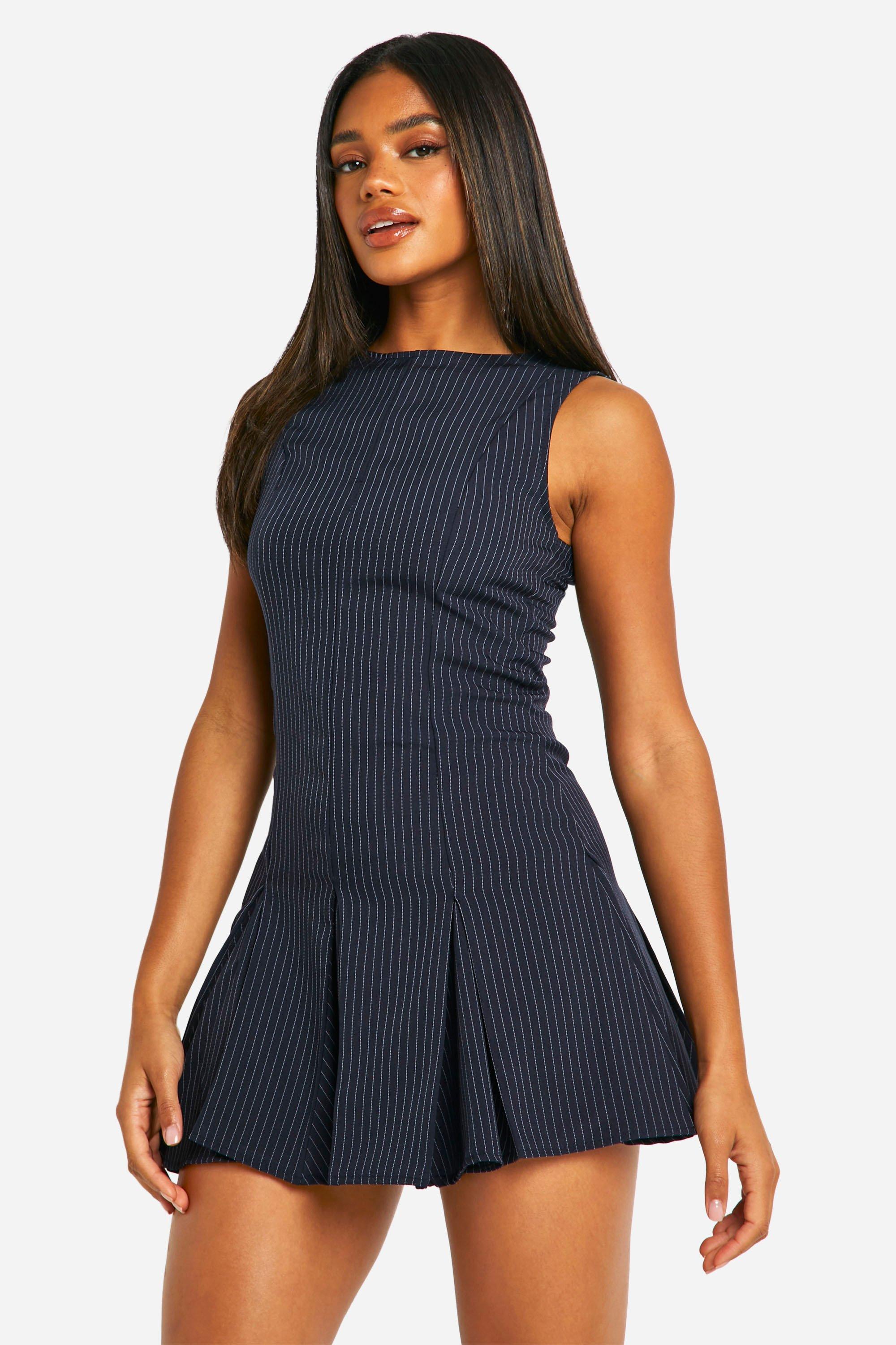 Boohoo Geplooide Mini Jurk Met Krijtstrepen, Navy