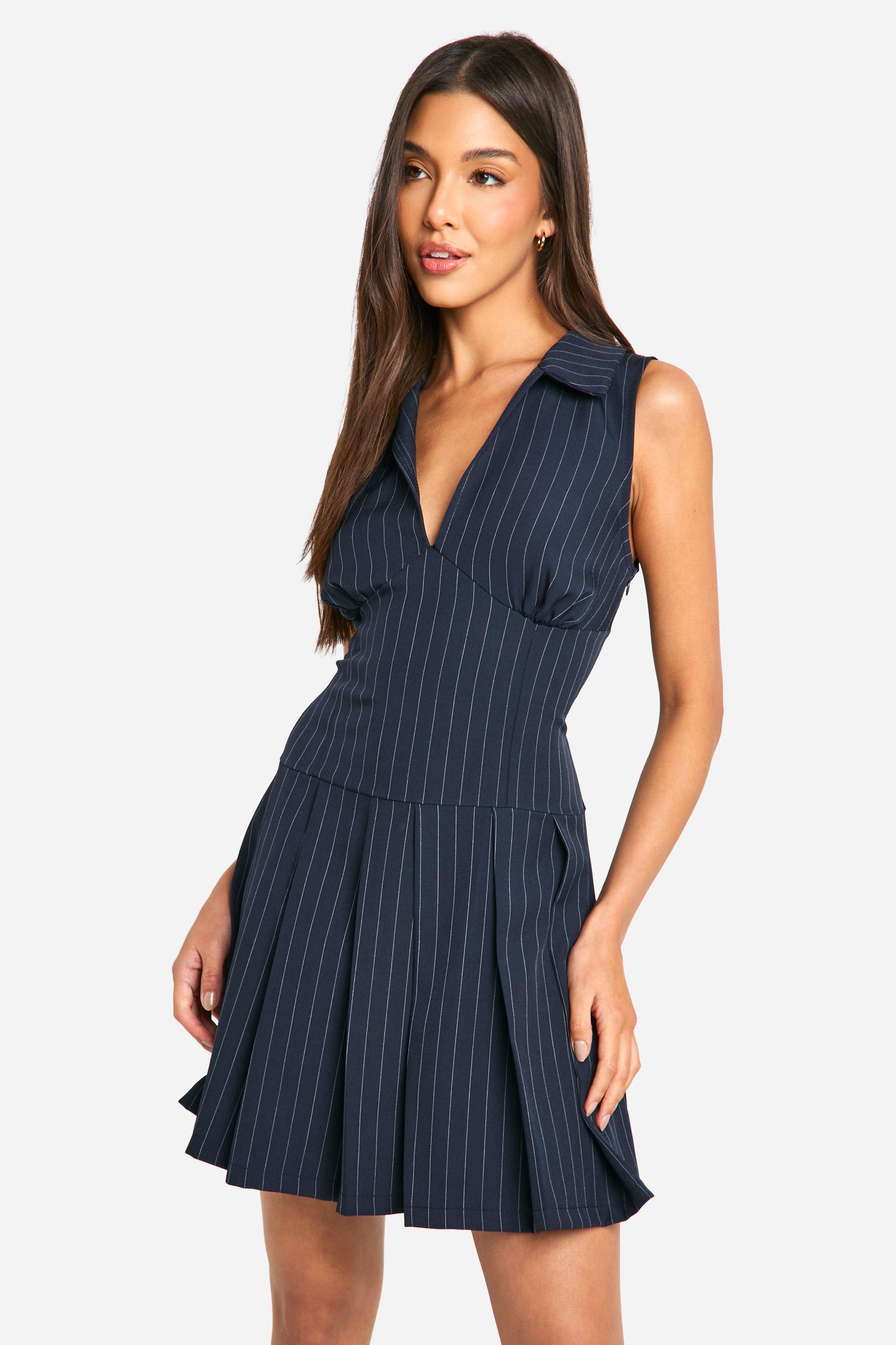 Boohoo Geplooide Mini Jurk Met Krijtstrepen, Navy