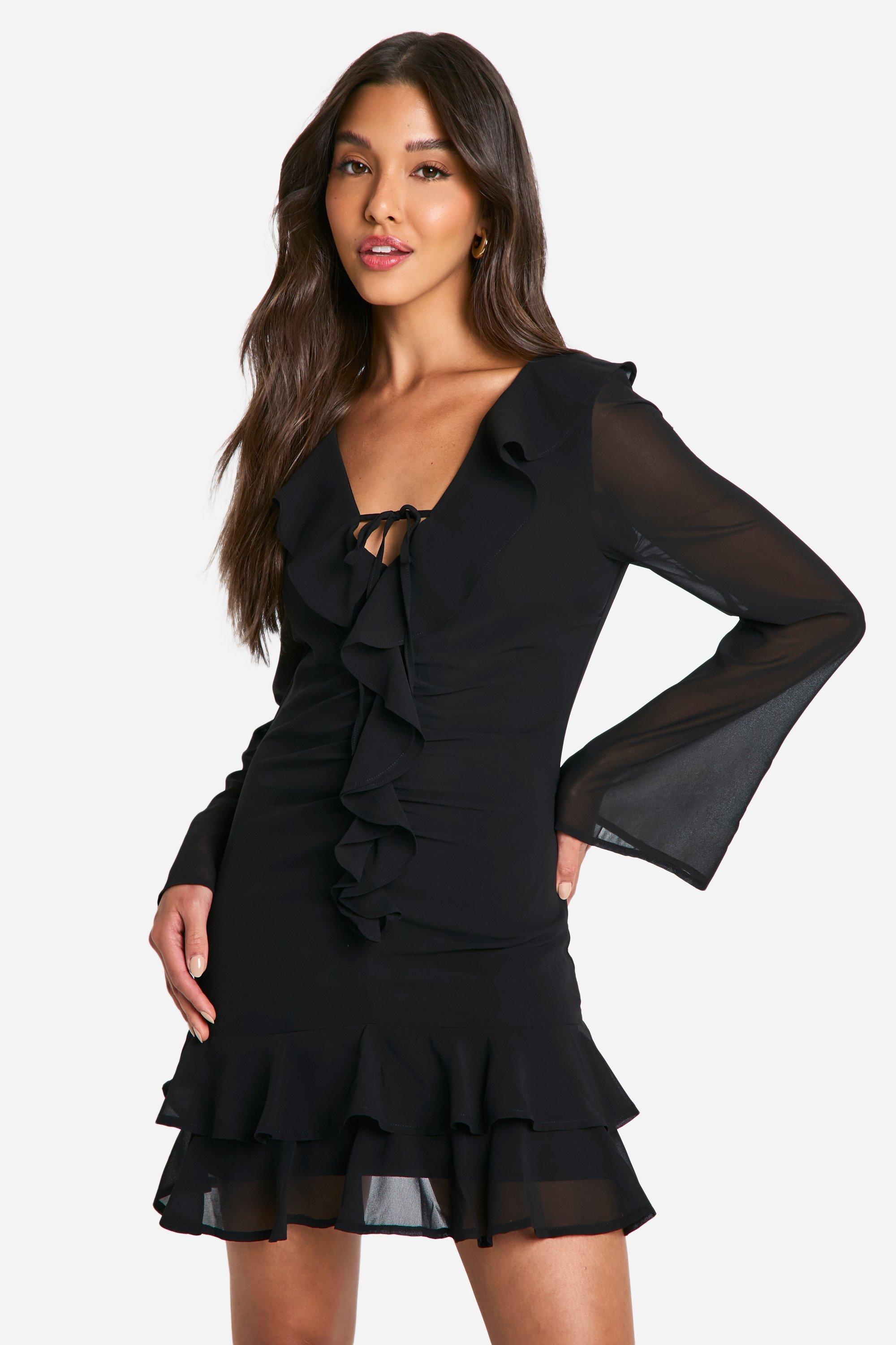 Boohoo Chiffon Mini Jurk Met Ruches En Strik, Black