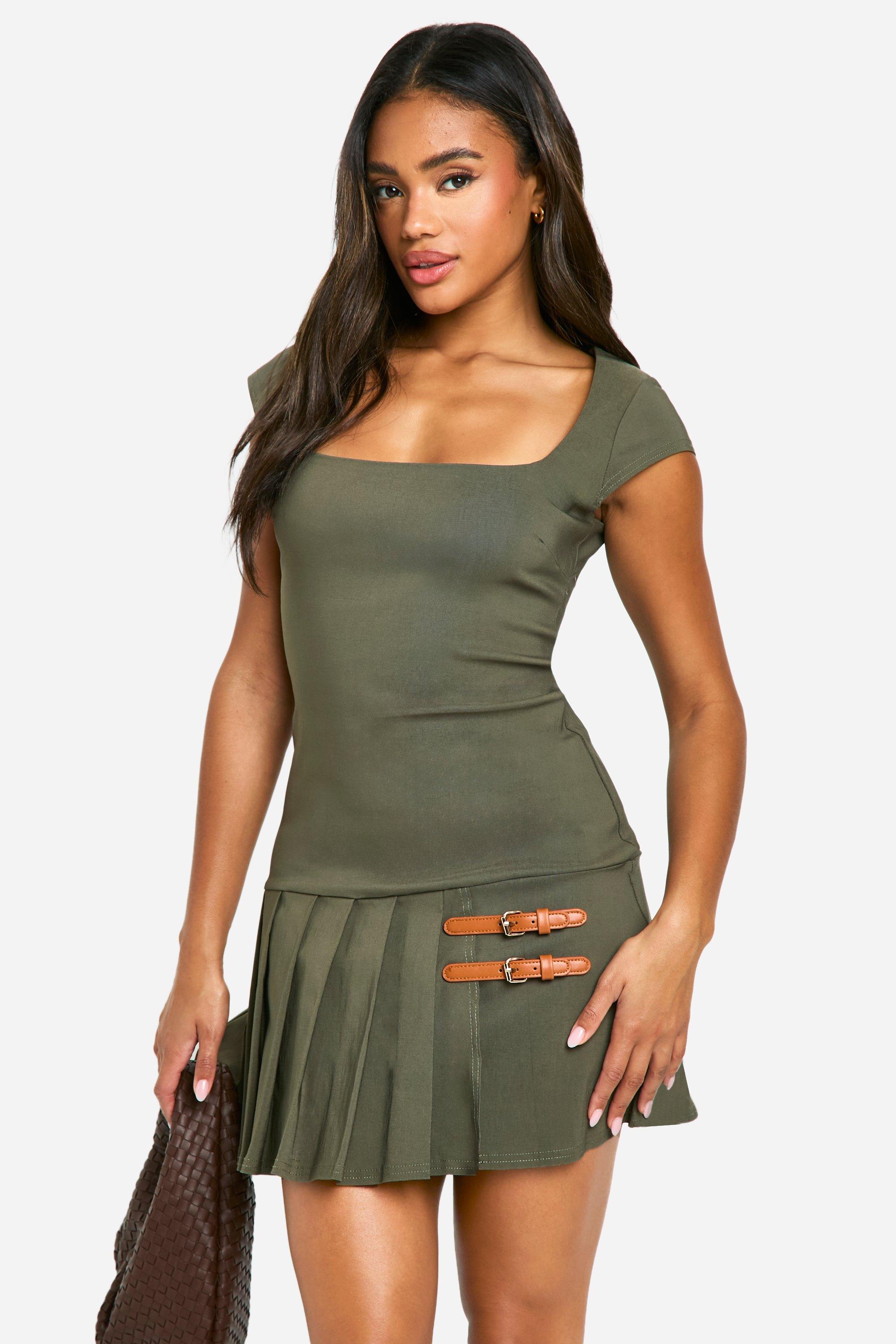 Boohoo Geplooide Bengaline Mini Jurk Met Vierkante Hals, Khaki