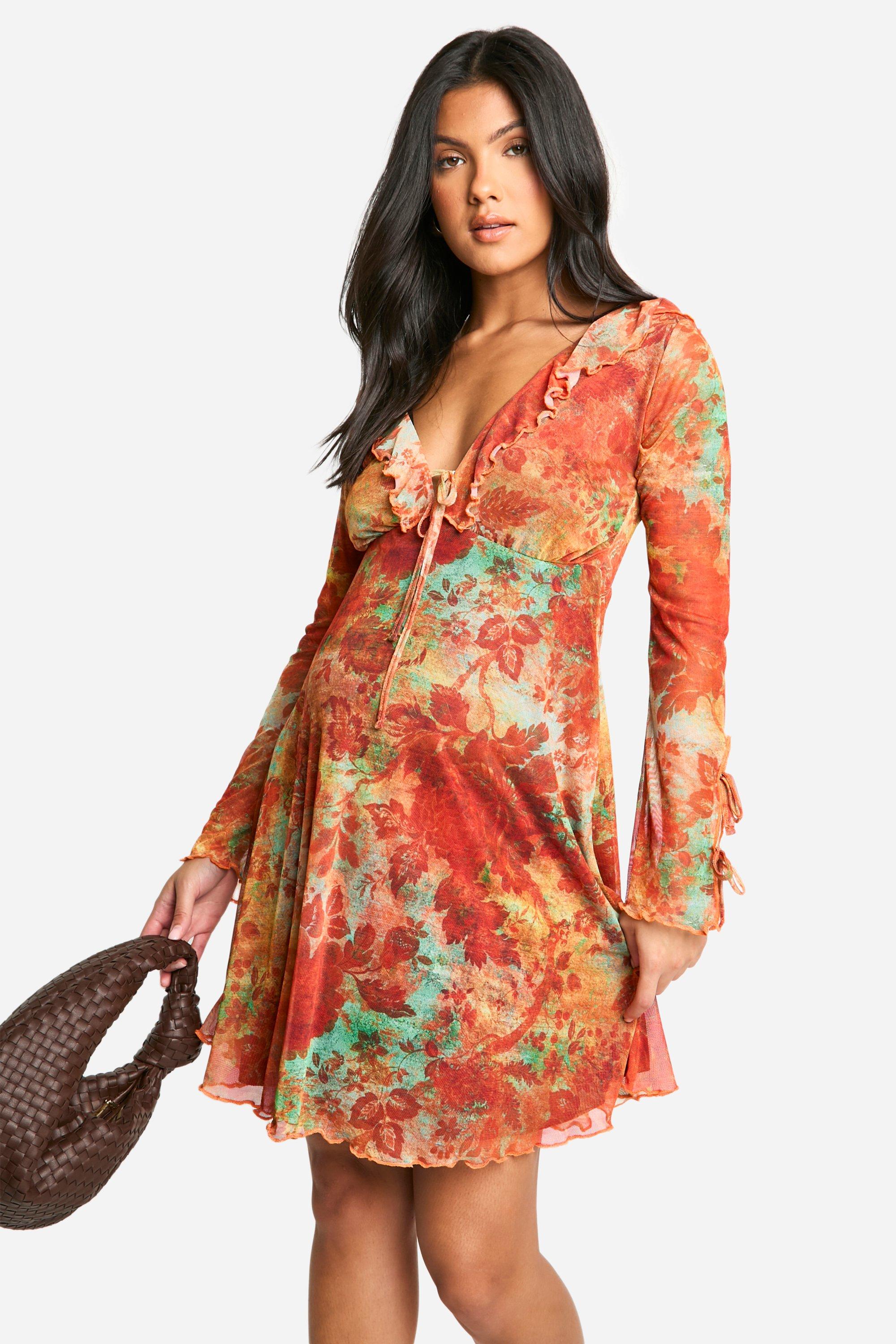 Boohoo Zwangerschap Mesh Bloemenprint Mini Skater Jurk Met Ruches En Lange Mouwen, Orange