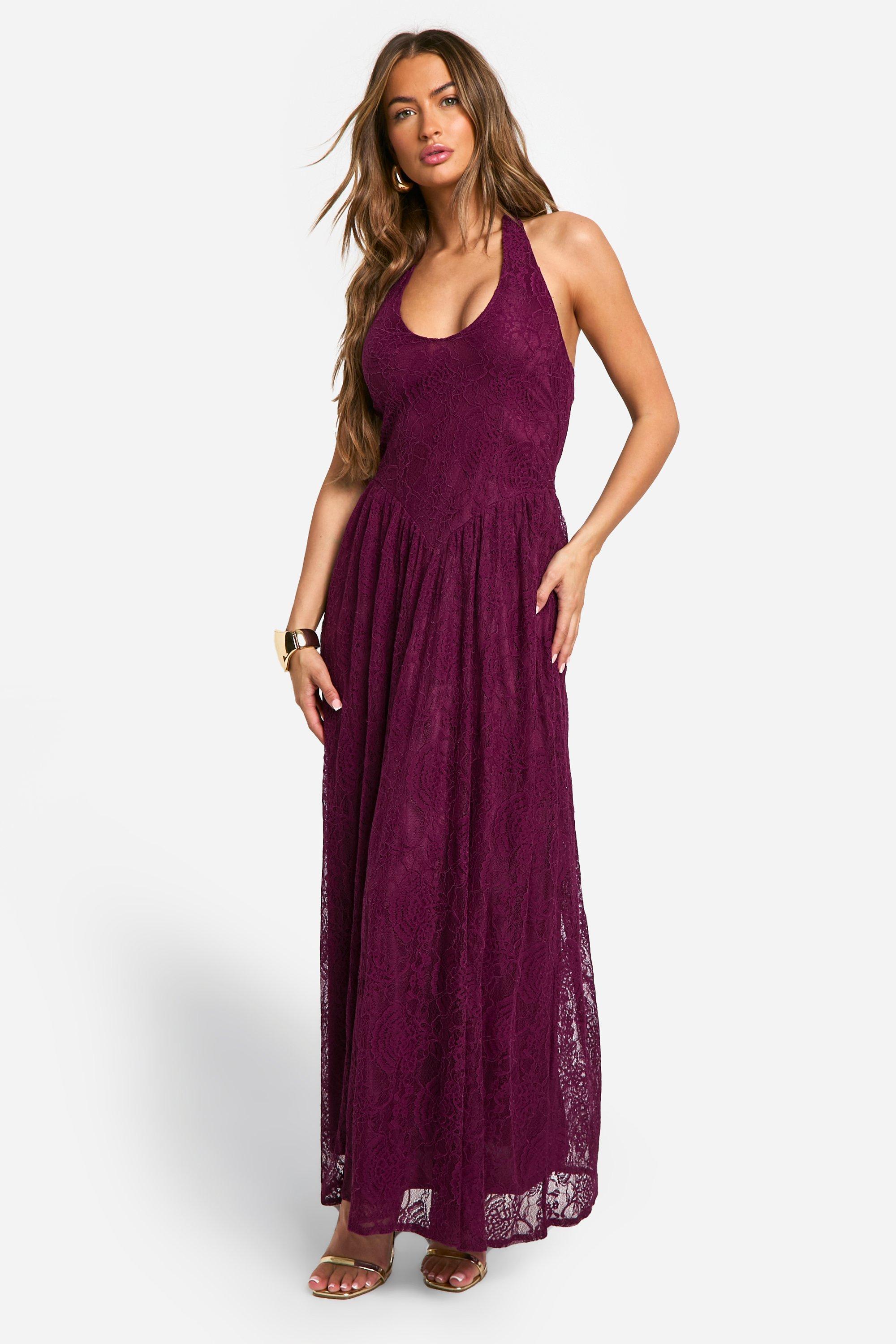 Boohoo Kanten Maxi Jurk Met Halter Neck, Plum