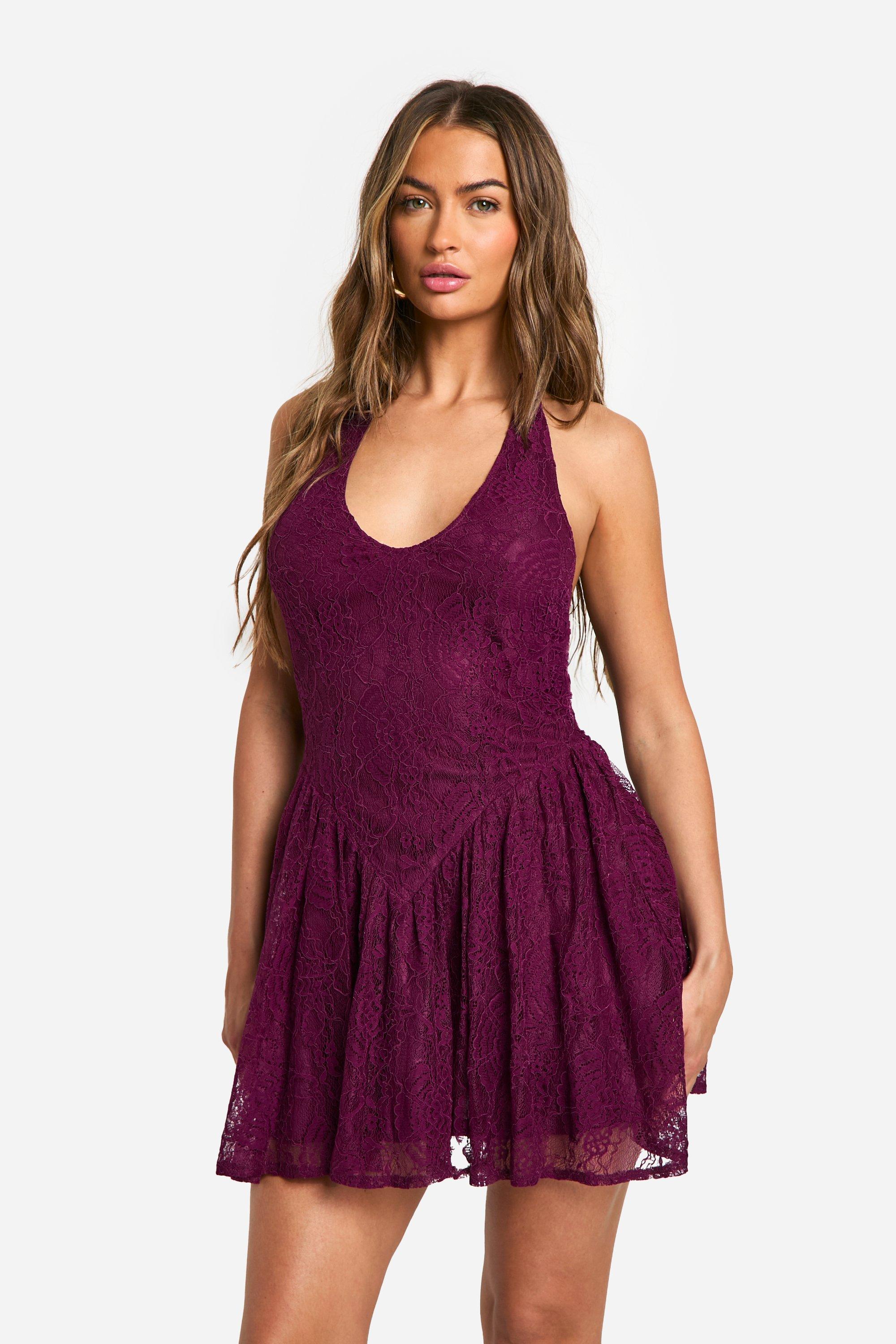 Boohoo Kanten Mini Jurk Met Halter Neck, Plum