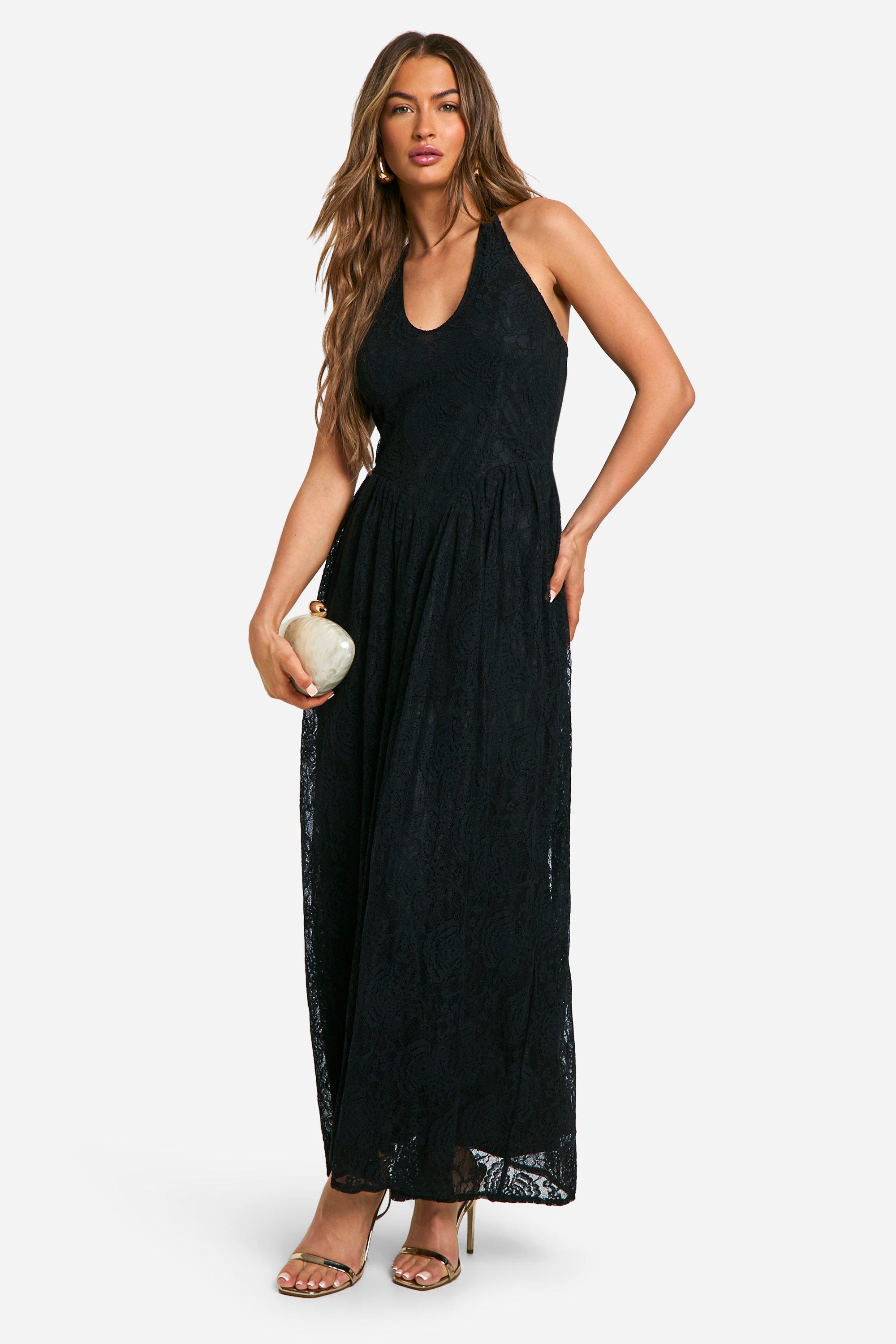 Boohoo Kanten Maxi Jurk Met Halter Neck, Black