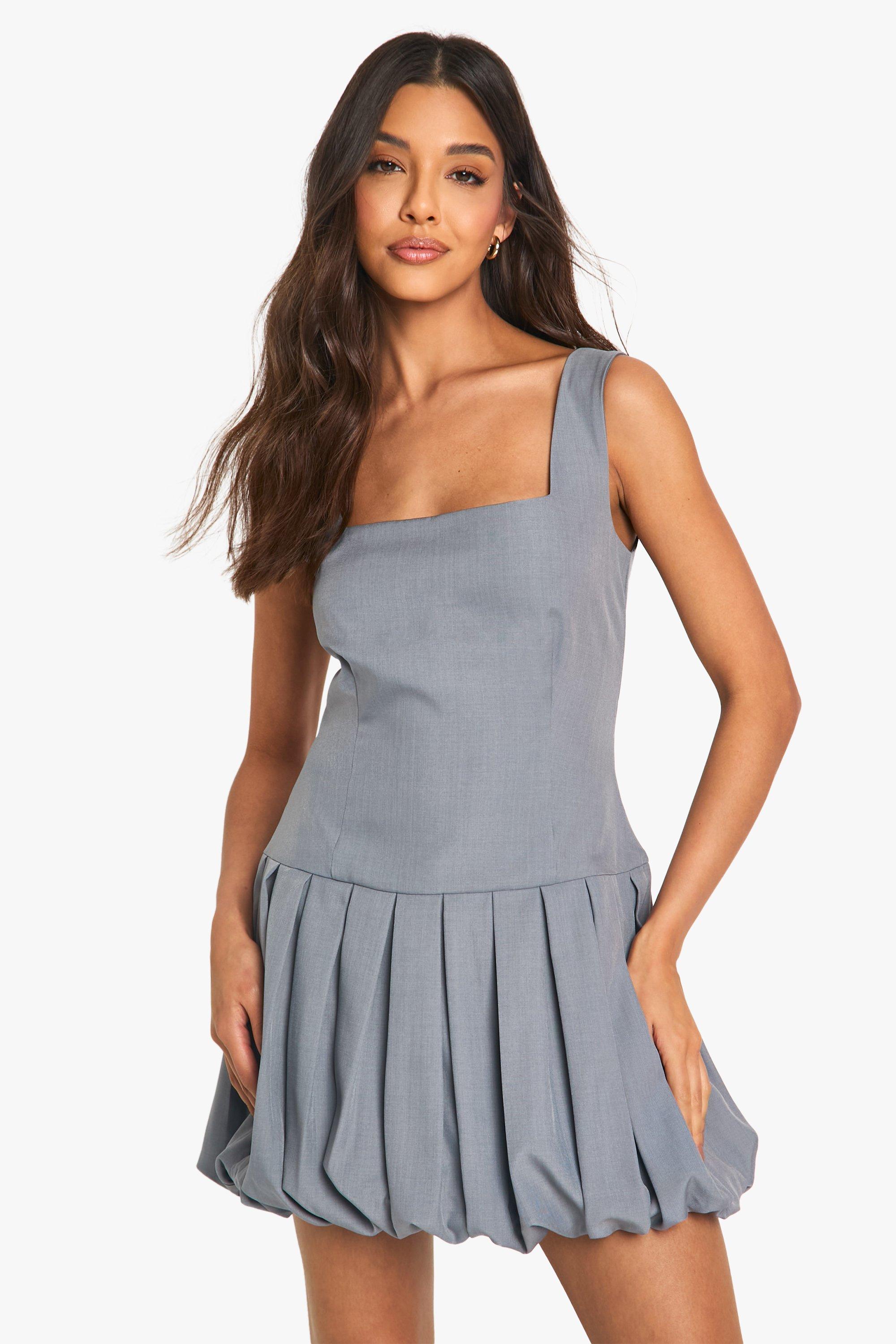 Boohoo Geplooide Mini Jurk Met Pofmouwen, Grey