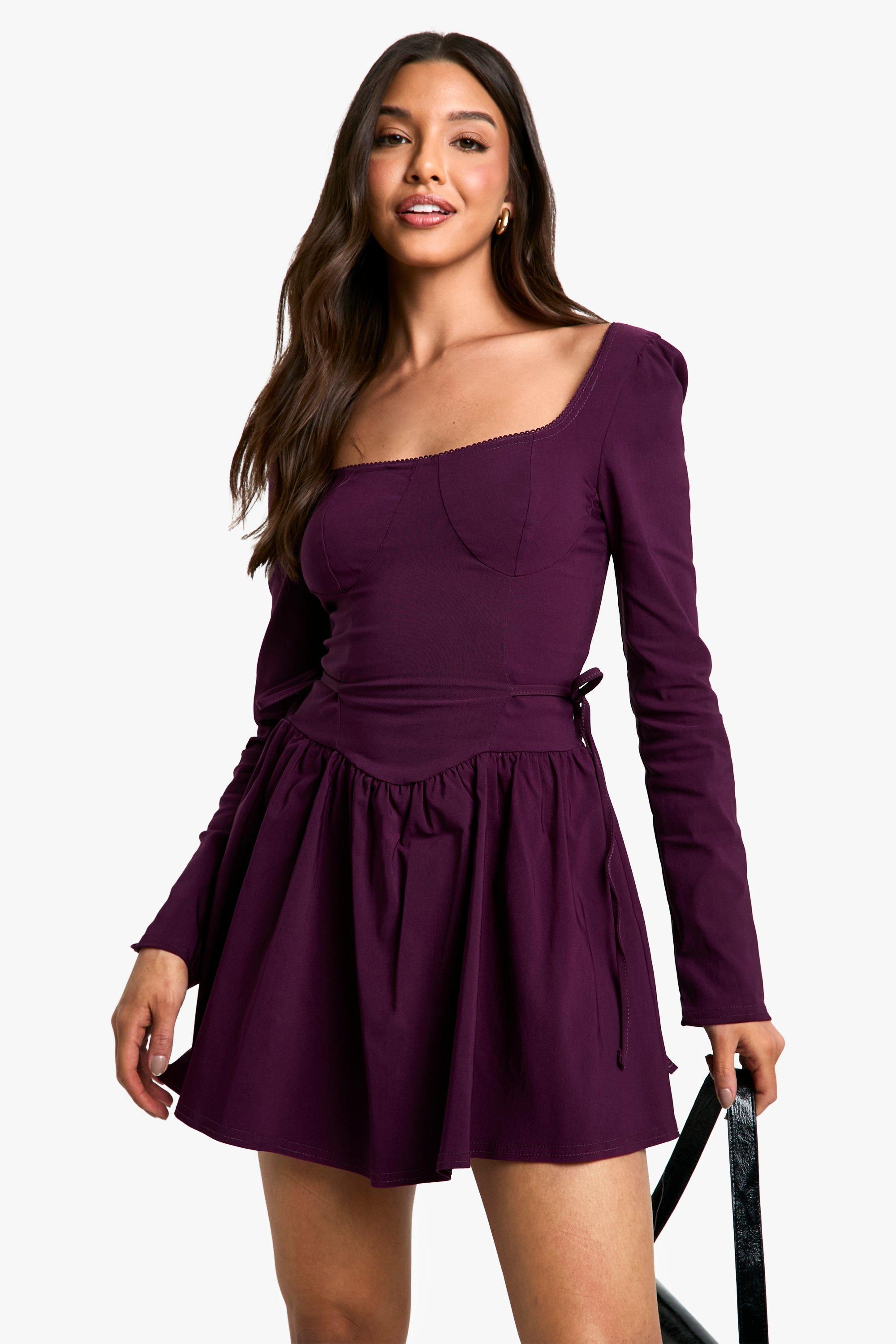 Boohoo Mini Skater Jurk Met Lange Mouwen En Ceintuur, Plum