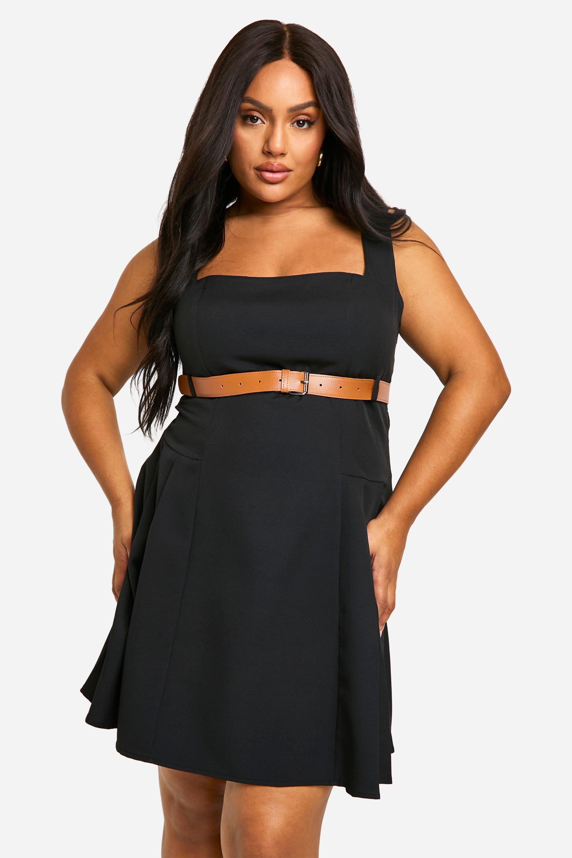 Boohoo Plus Mini Jurk Met Ceintuur, Vierkante Hals En Gesp, Black