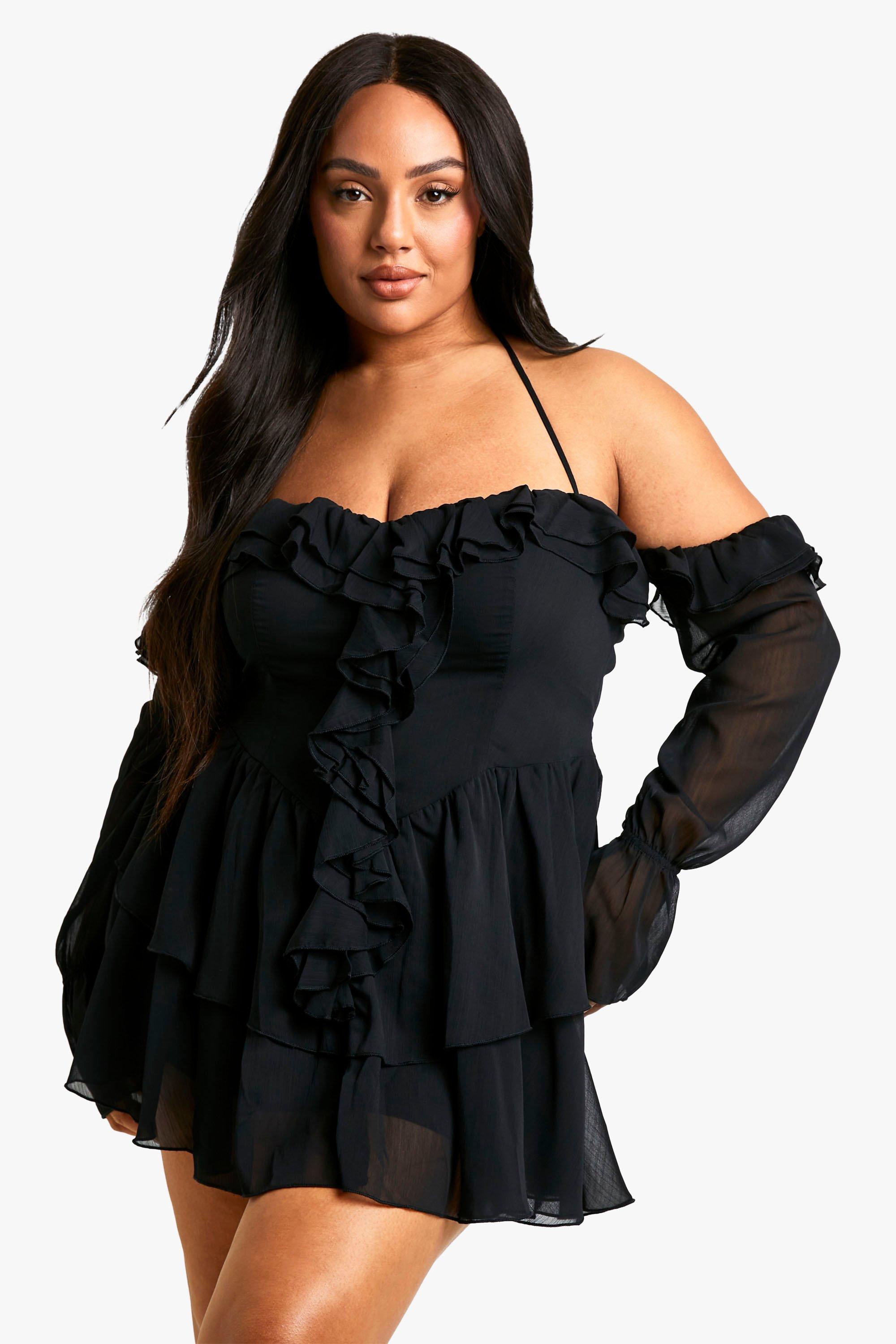 Boohoo Plus Chiffon Skater Jurk Met Open Schouders, Black