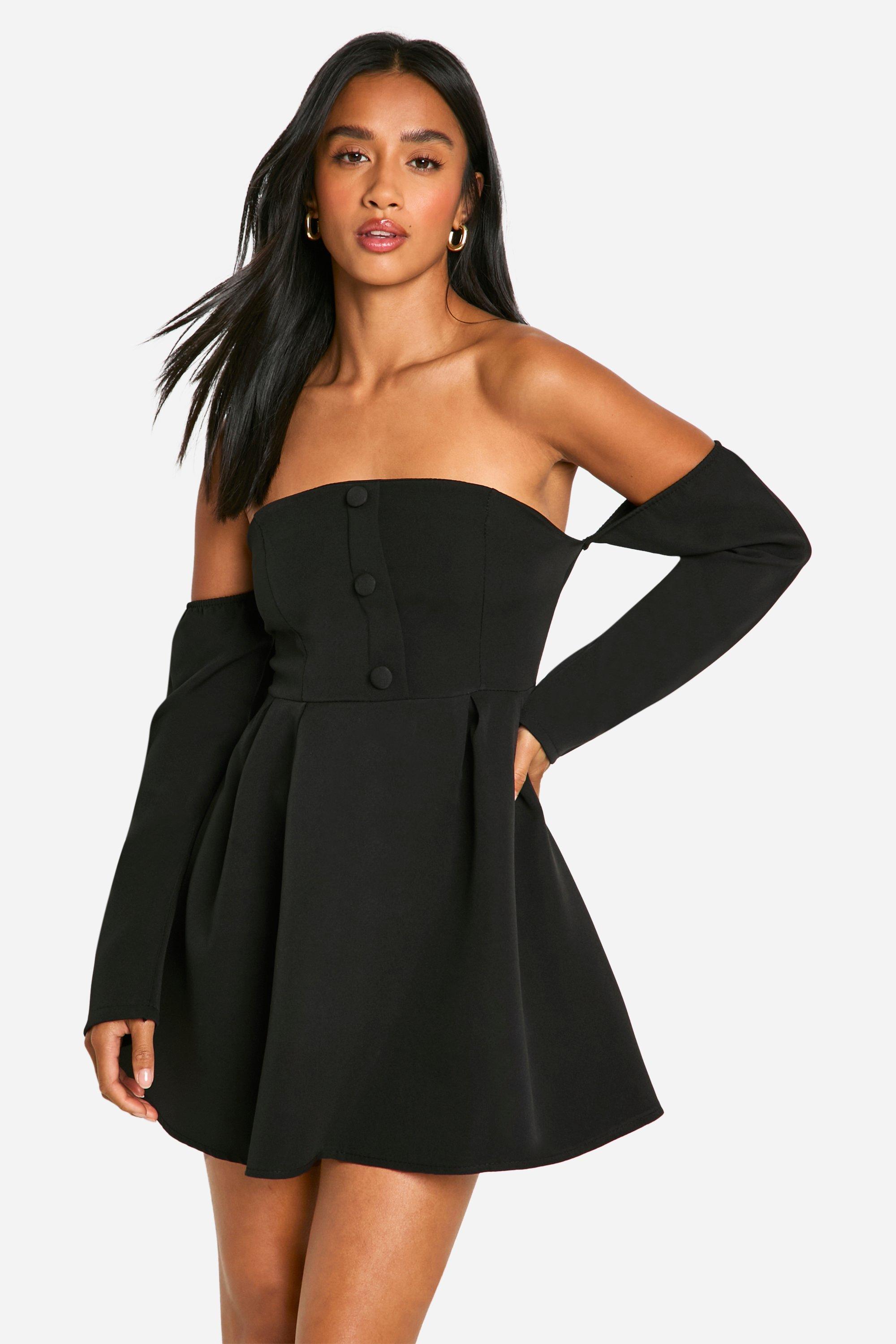 Boohoo Petite A-Lijn Mini Jurk Met Uitgesneden Hals En Lange Mouwen, Black