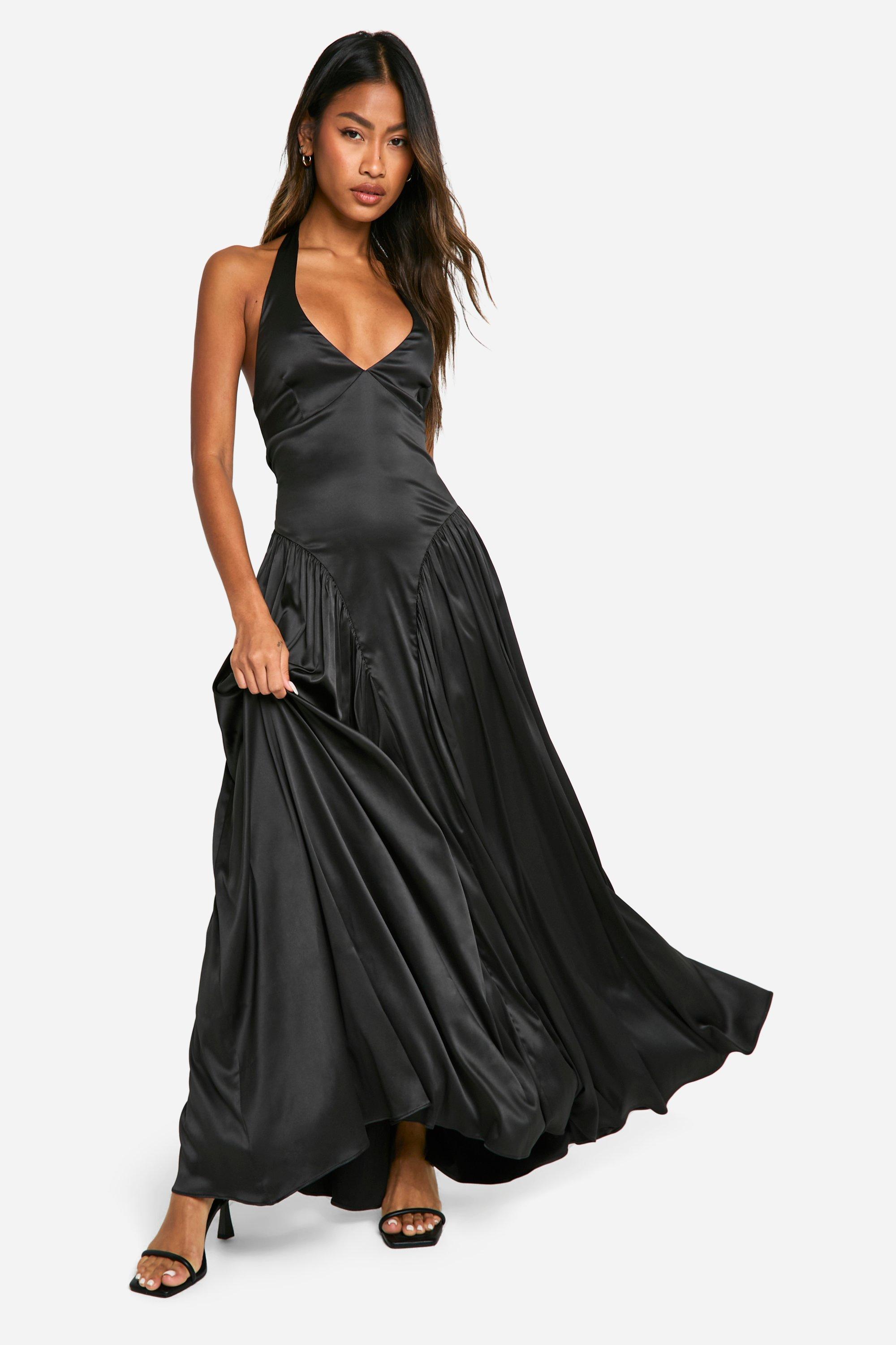 Boohoo Satijnen Melkmeisjes Maxi Jurk Met Halter Neck, Black