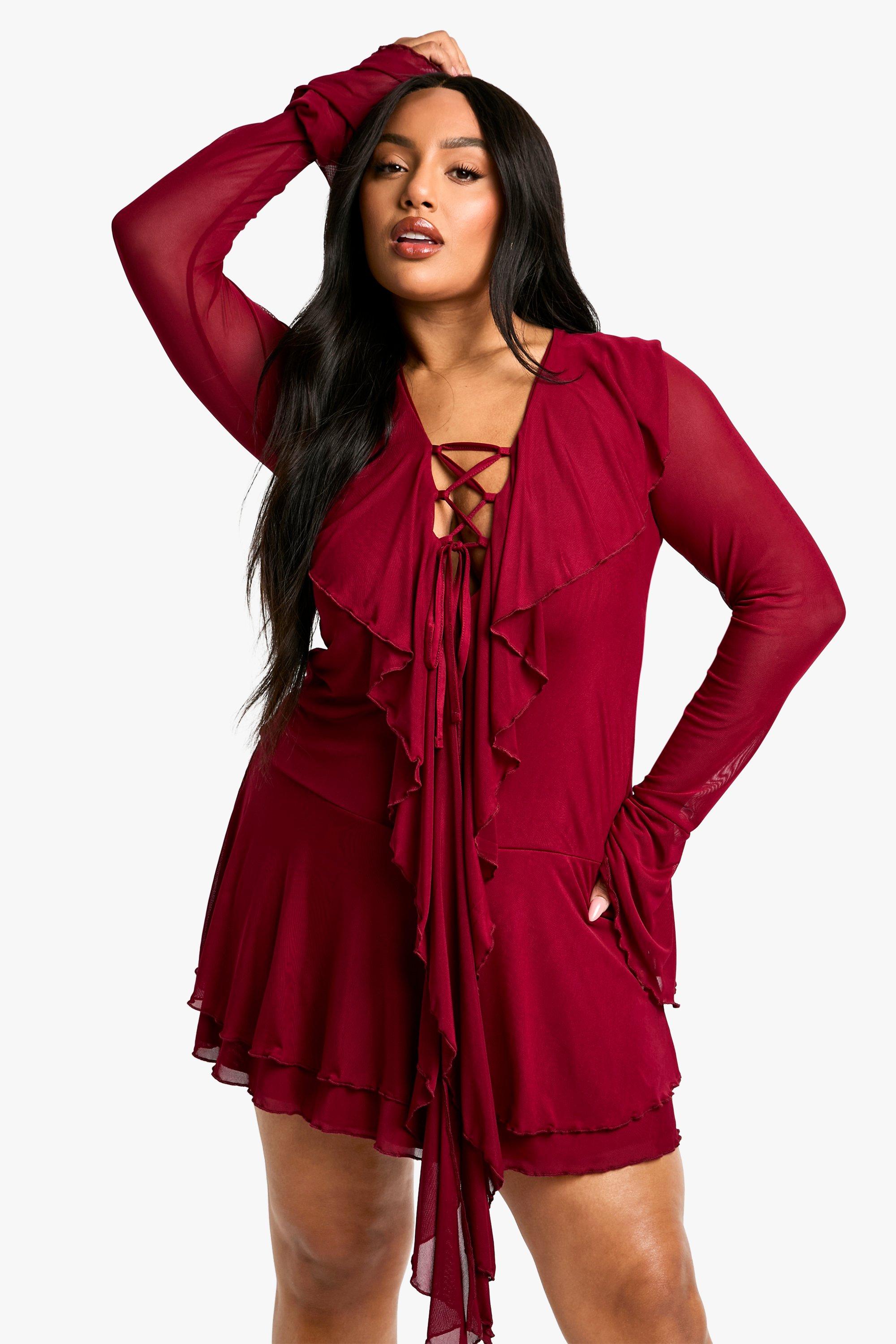 Boohoo Plus Mesh Skater Jurk Met Ruches En Veters, Berry