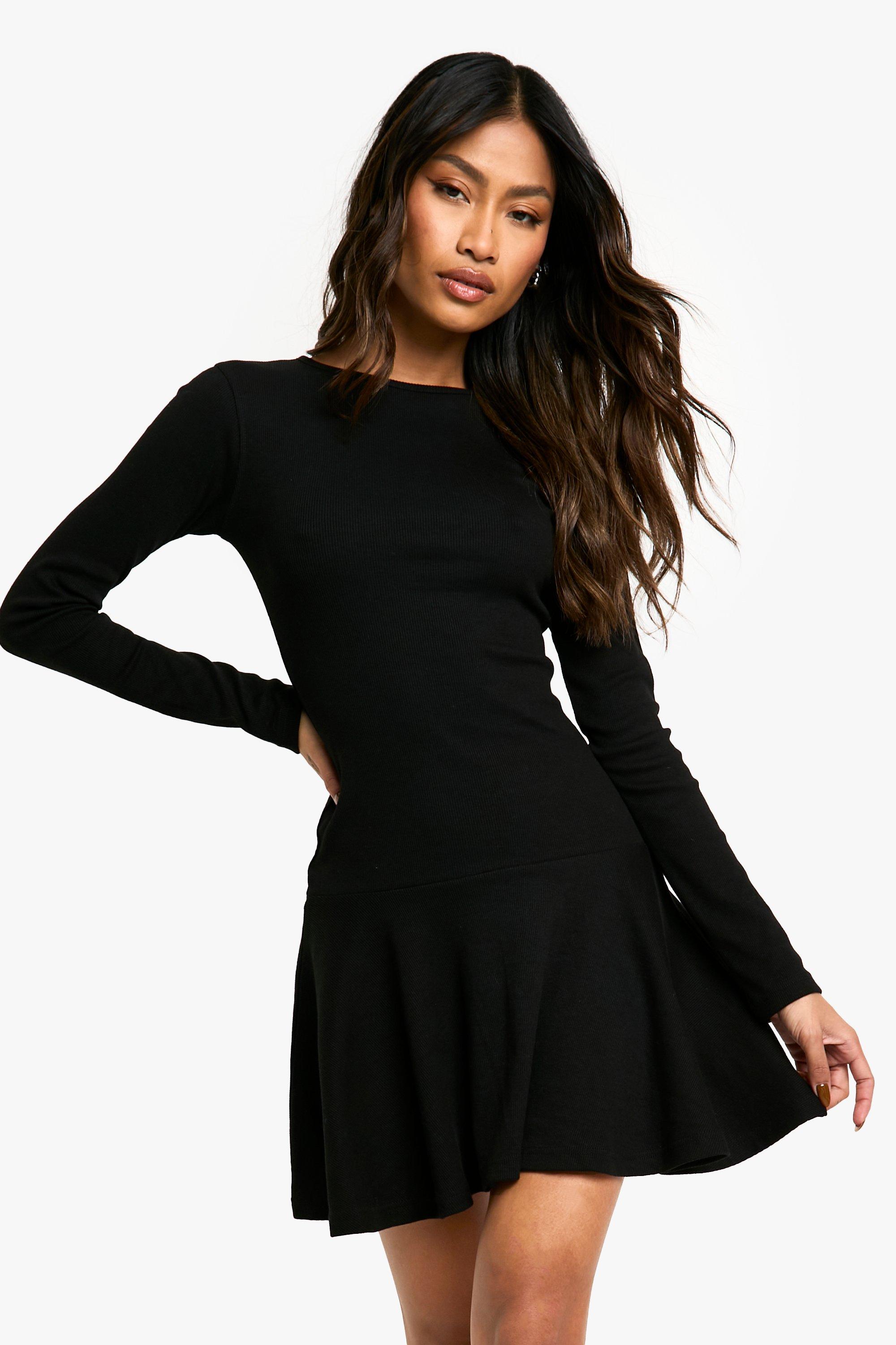 Boohoo Geribbelde Skater Jurk Met Losvallende Zoom, Black