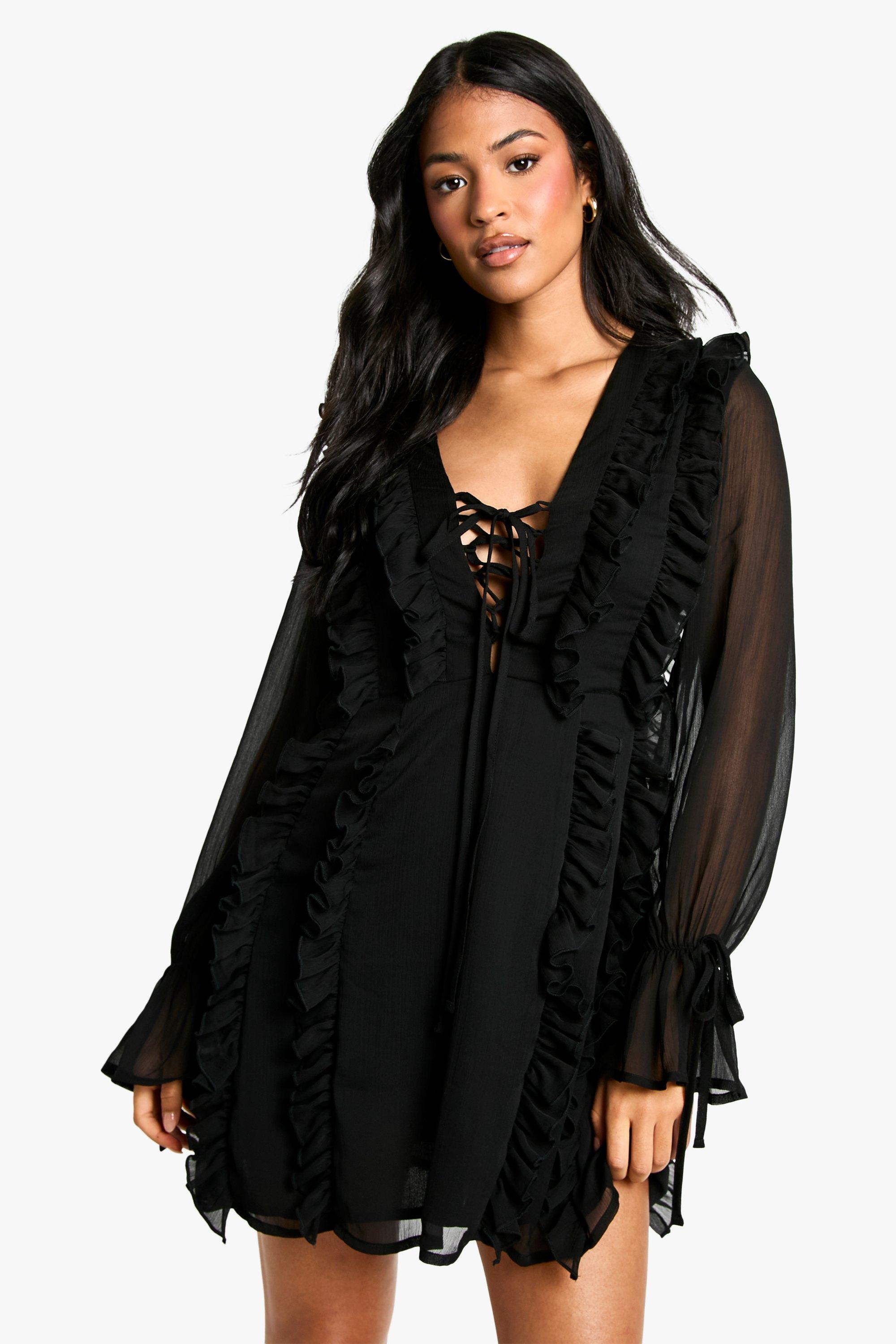 Boohoo Tall Loshangende Gekreukelde Chiffon Jurk Met Ruches, Black