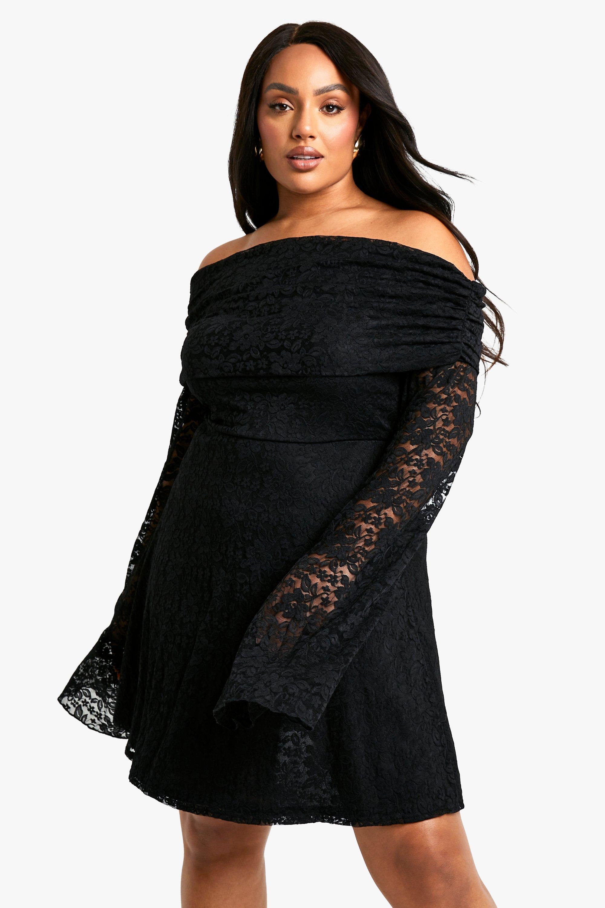 Boohoo Plus Flared Kanten Off Shoulder Skater Jurk, Black