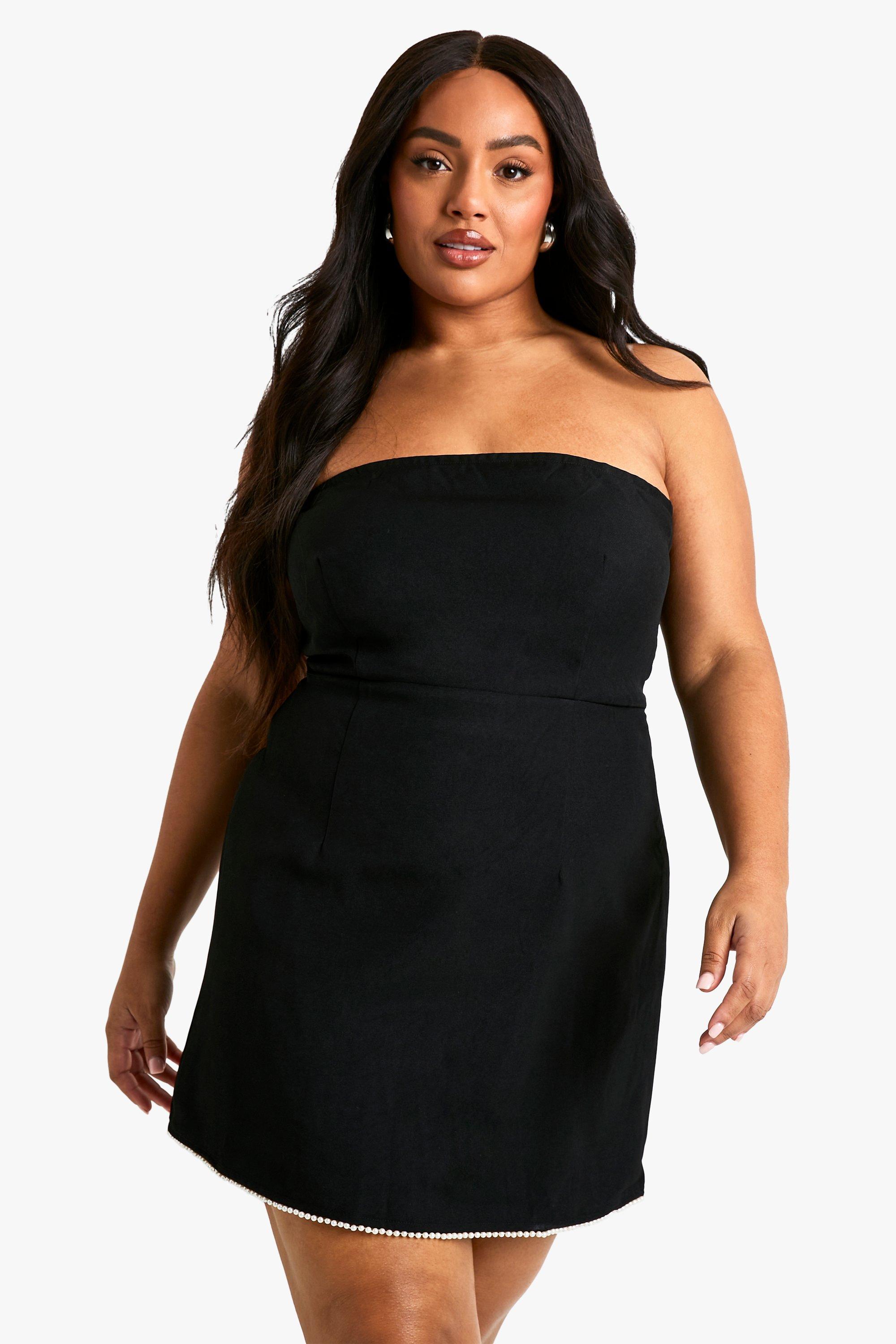 Boohoo Plus Strapless Skater Jurk Met Parel Detail, Black