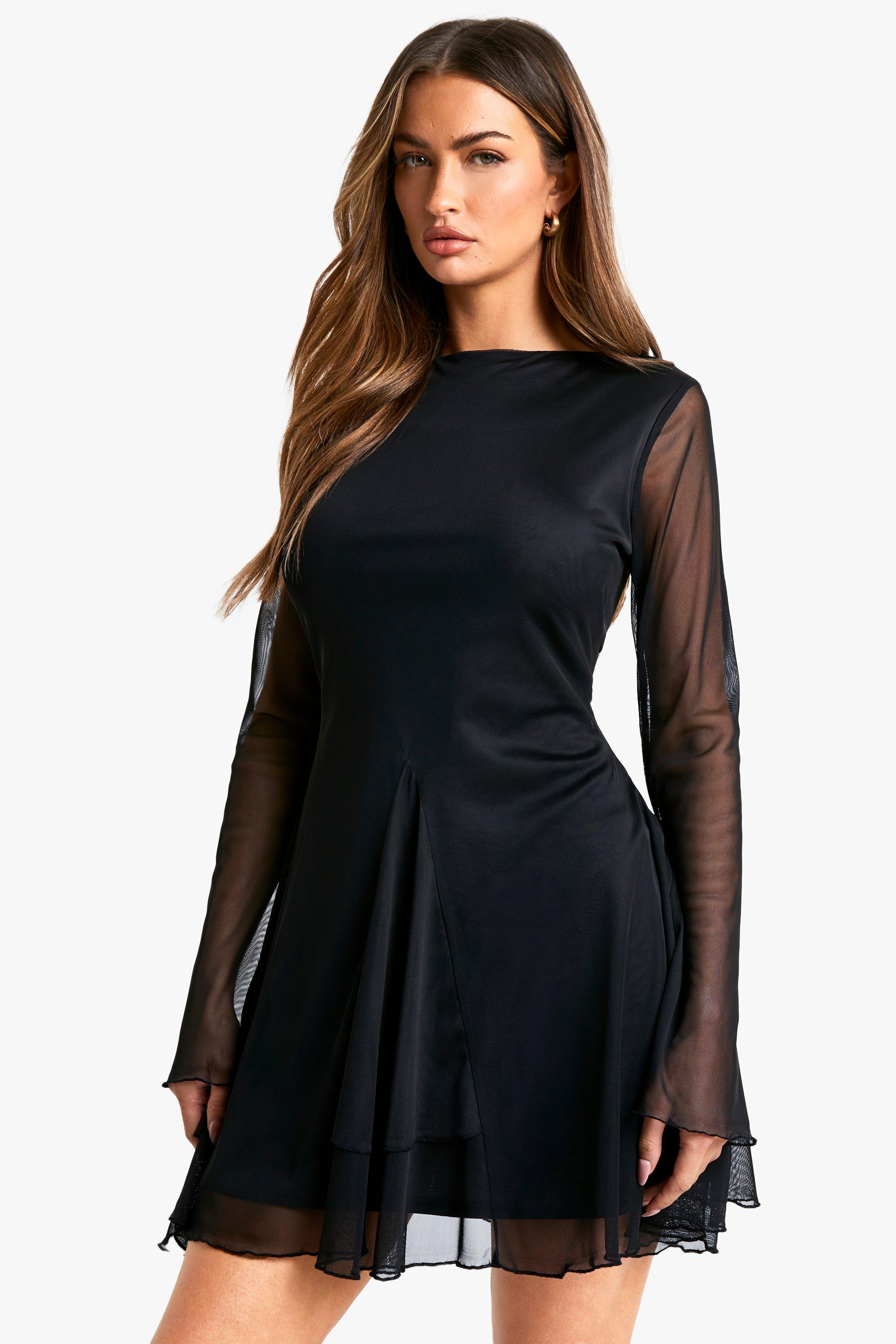 Boohoo Mesh Jurk Met Boothals, Laag Uitgesneden Rug En Zoom Zoom, Black