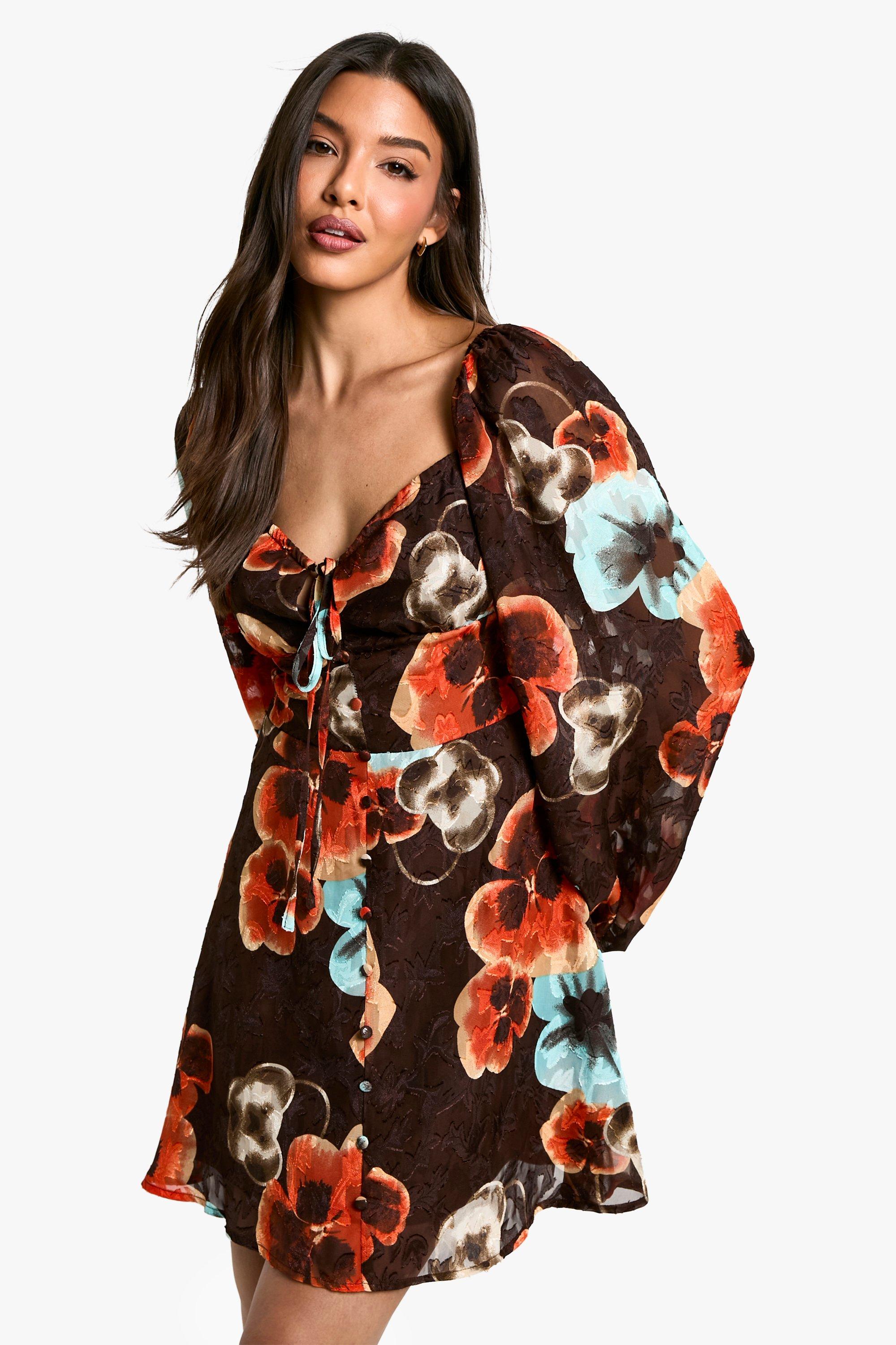 Boohoo Boho Bloemenprint Skater Jurk Met Shirtmouwen, Brown