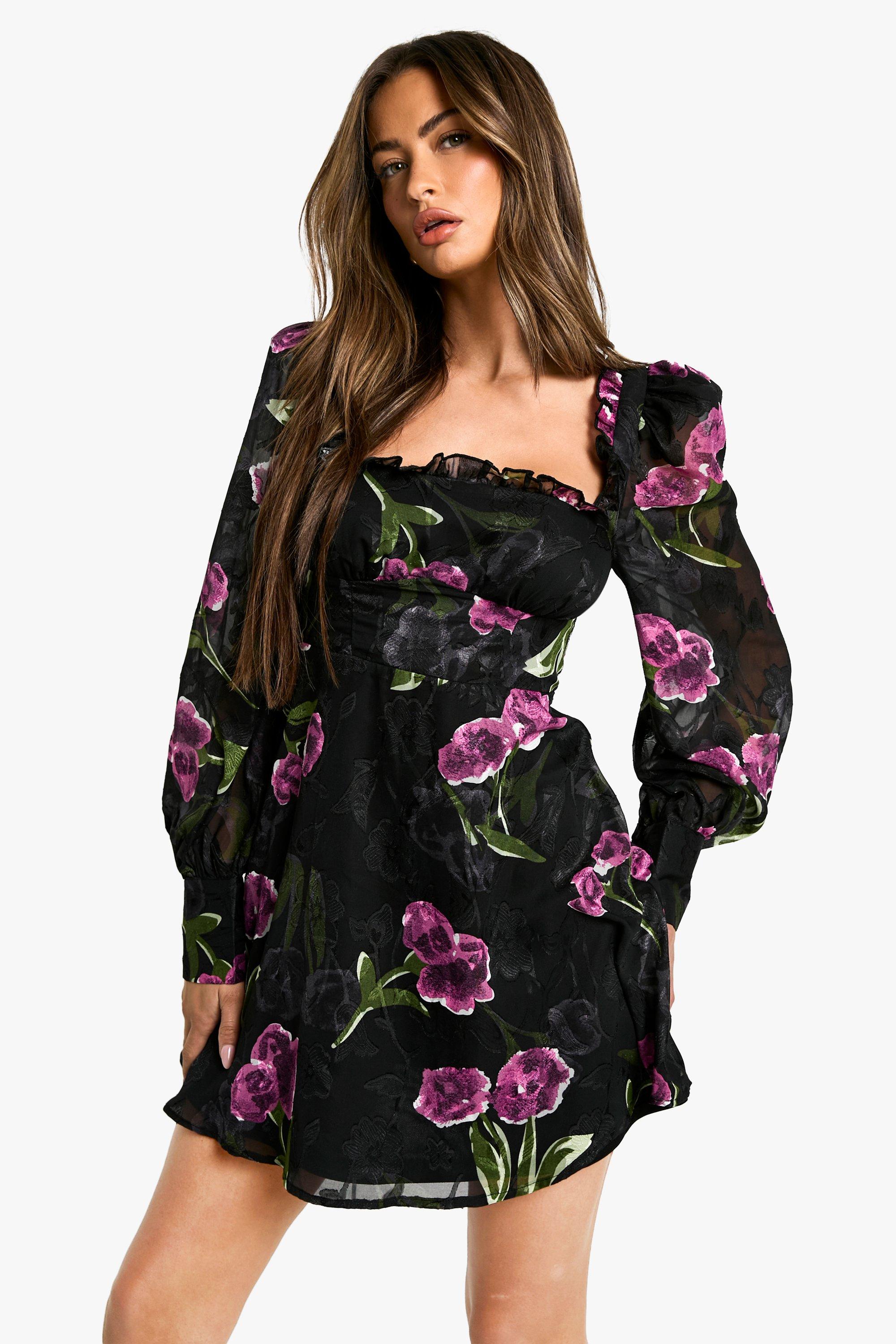 Boohoo Bloemenprint Melkmeisjes Jurk, Black