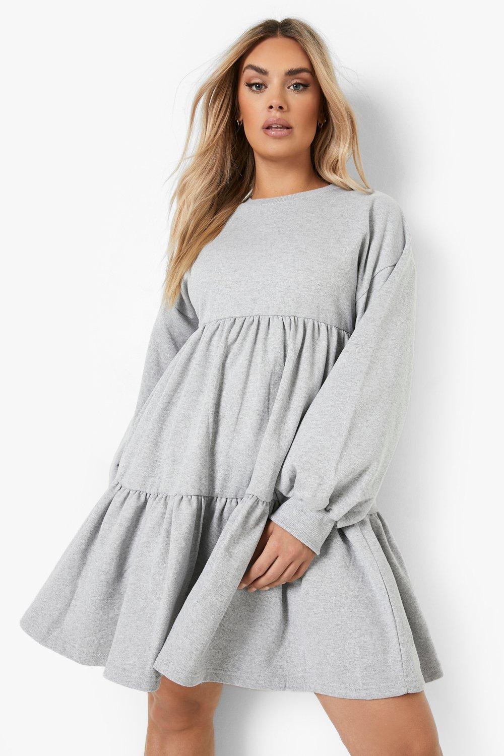 Boohoo Plus Sweatshirt Jurk Met Laagjes, Grey Marl