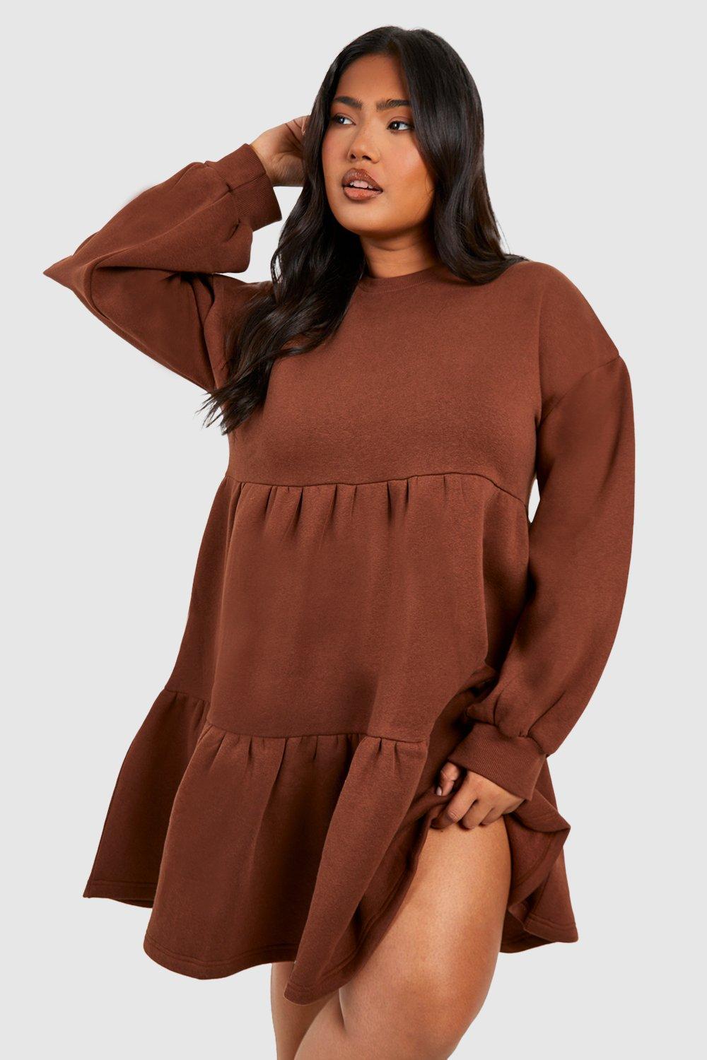 Boohoo Plus Sweatshirt Jurk Met Laagjes, Chocolate