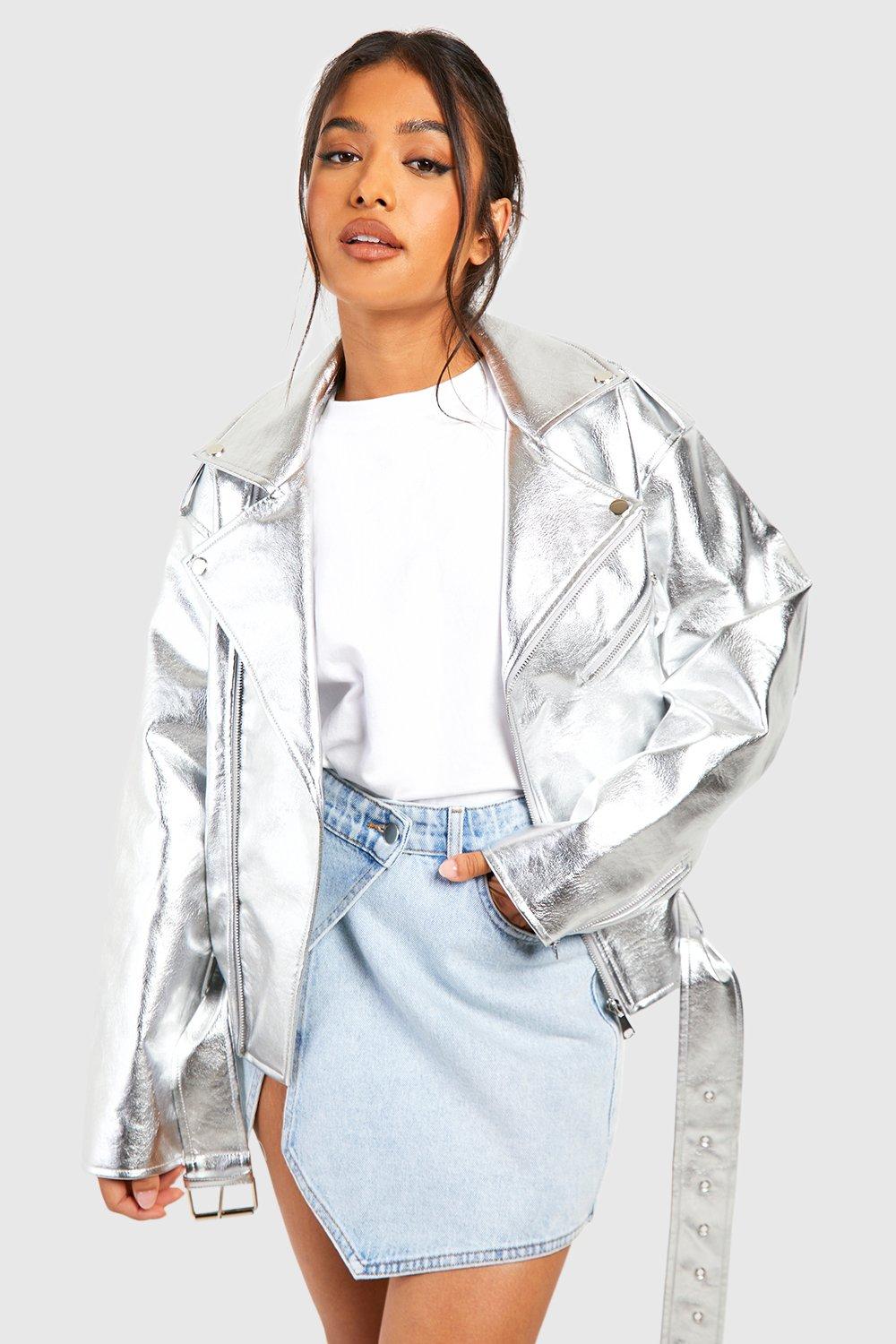 Boohoo Petite Oversized Metallic Biker Jas, Silver