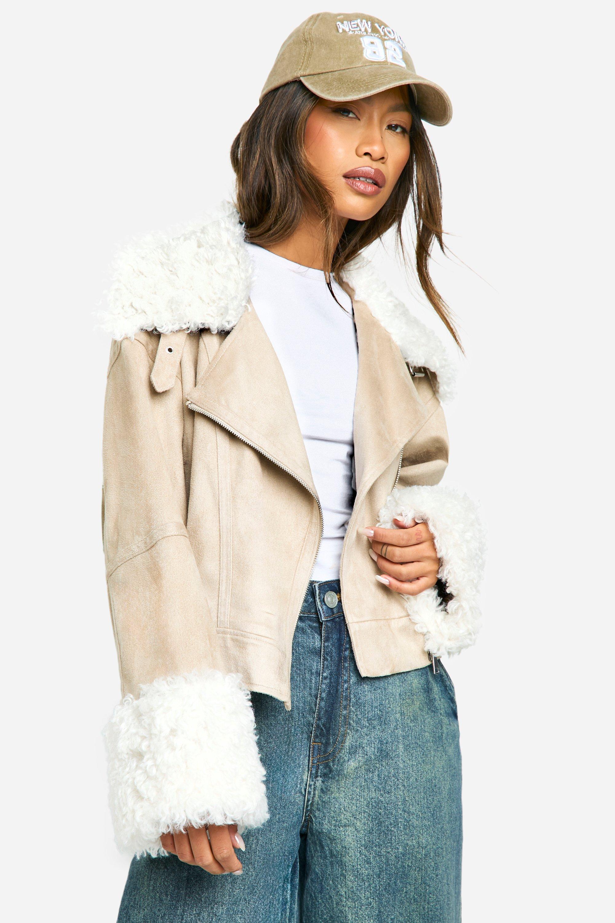 Boohoo Teddy Biker Jas Met Faux Fur Zoom, Stone