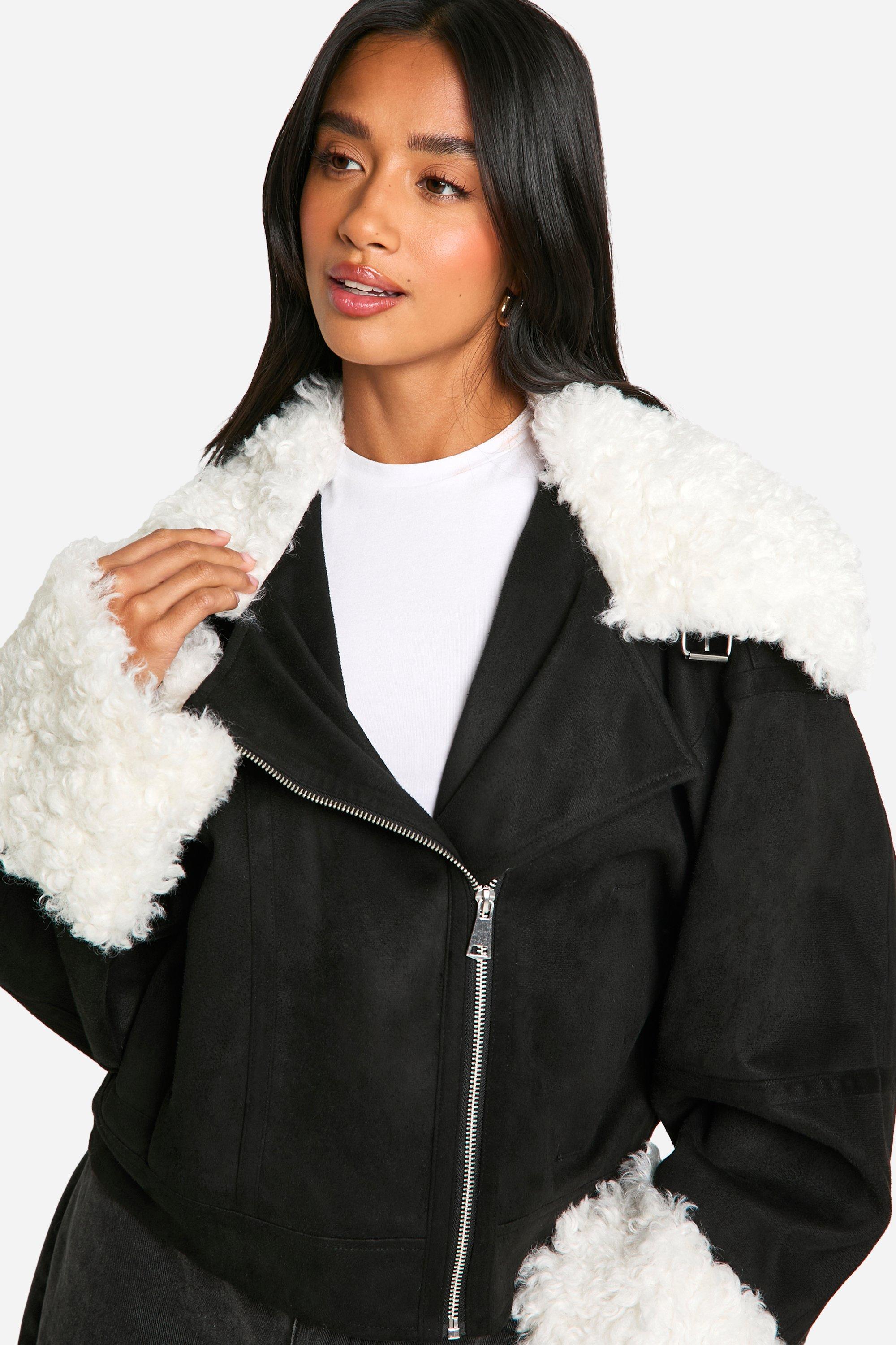 Boohoo Petite Teddy Biker Jas Met Faux Fur Zoom, Black