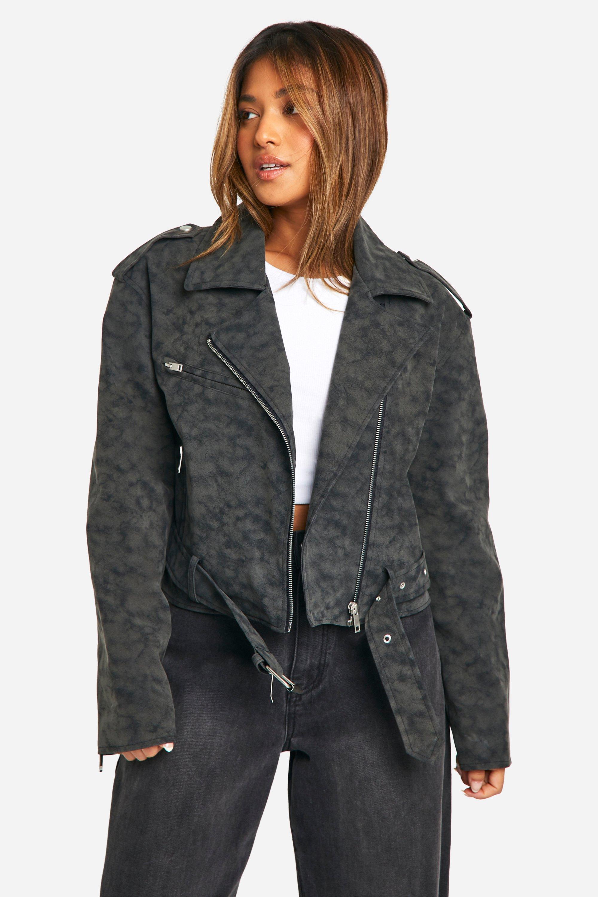 Boohoo Petite Nepleren Vintage Look Biker Jas, Chocolate