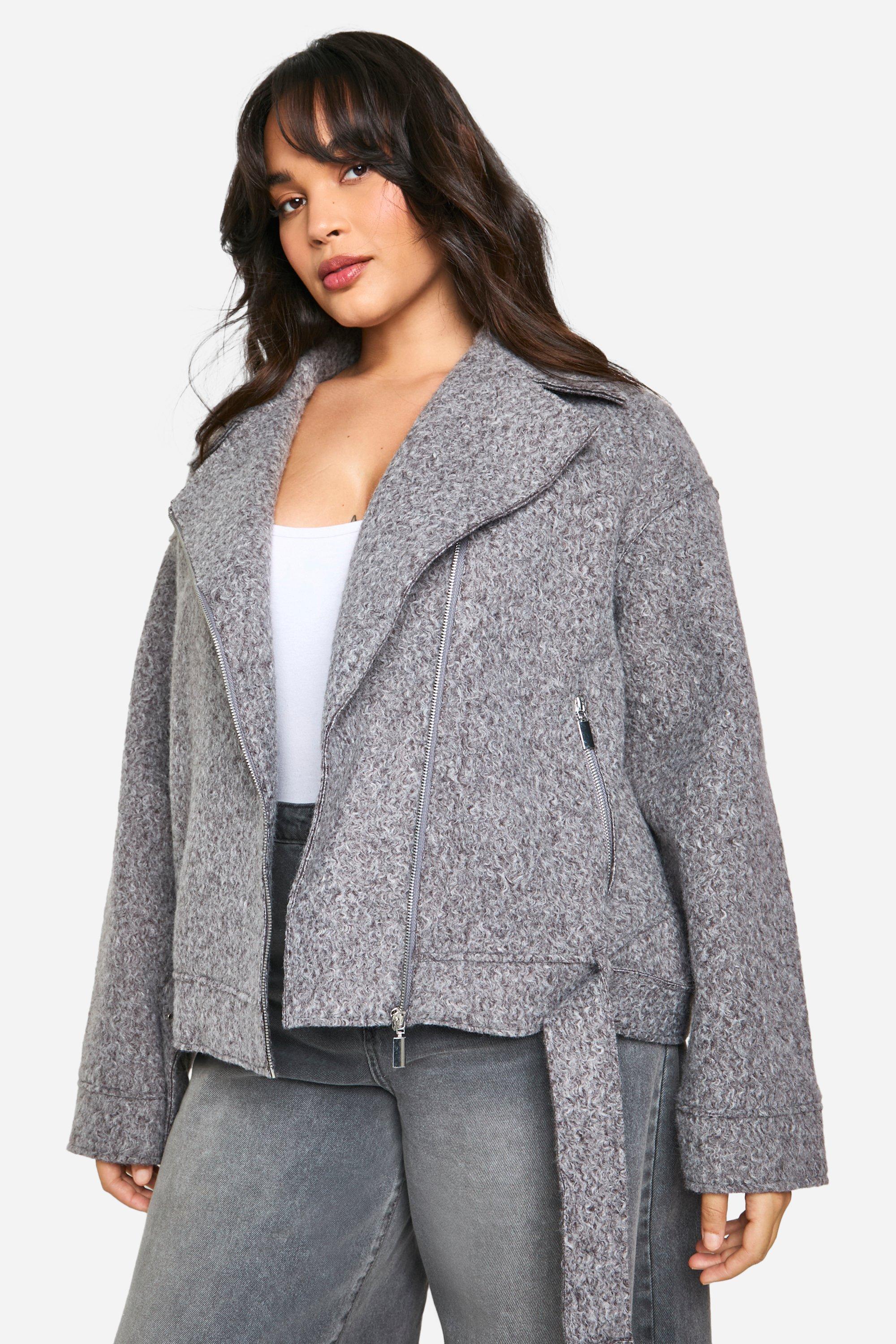 Boohoo Plus Bouclé Biker Jas Met Ceintuur, Grey