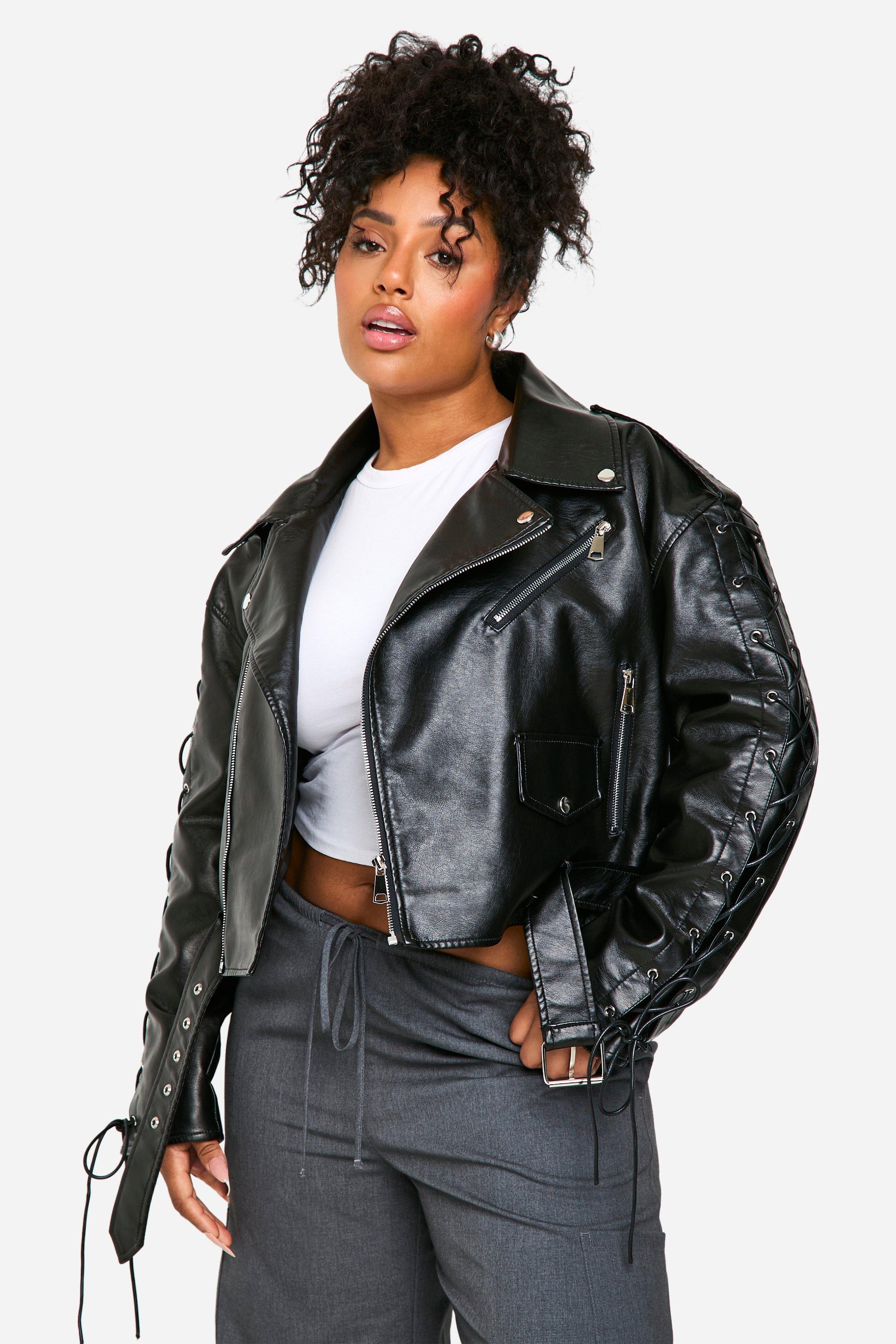 Boohoo Plus Oversized Nepleren Biker Jas Met Veters, Black