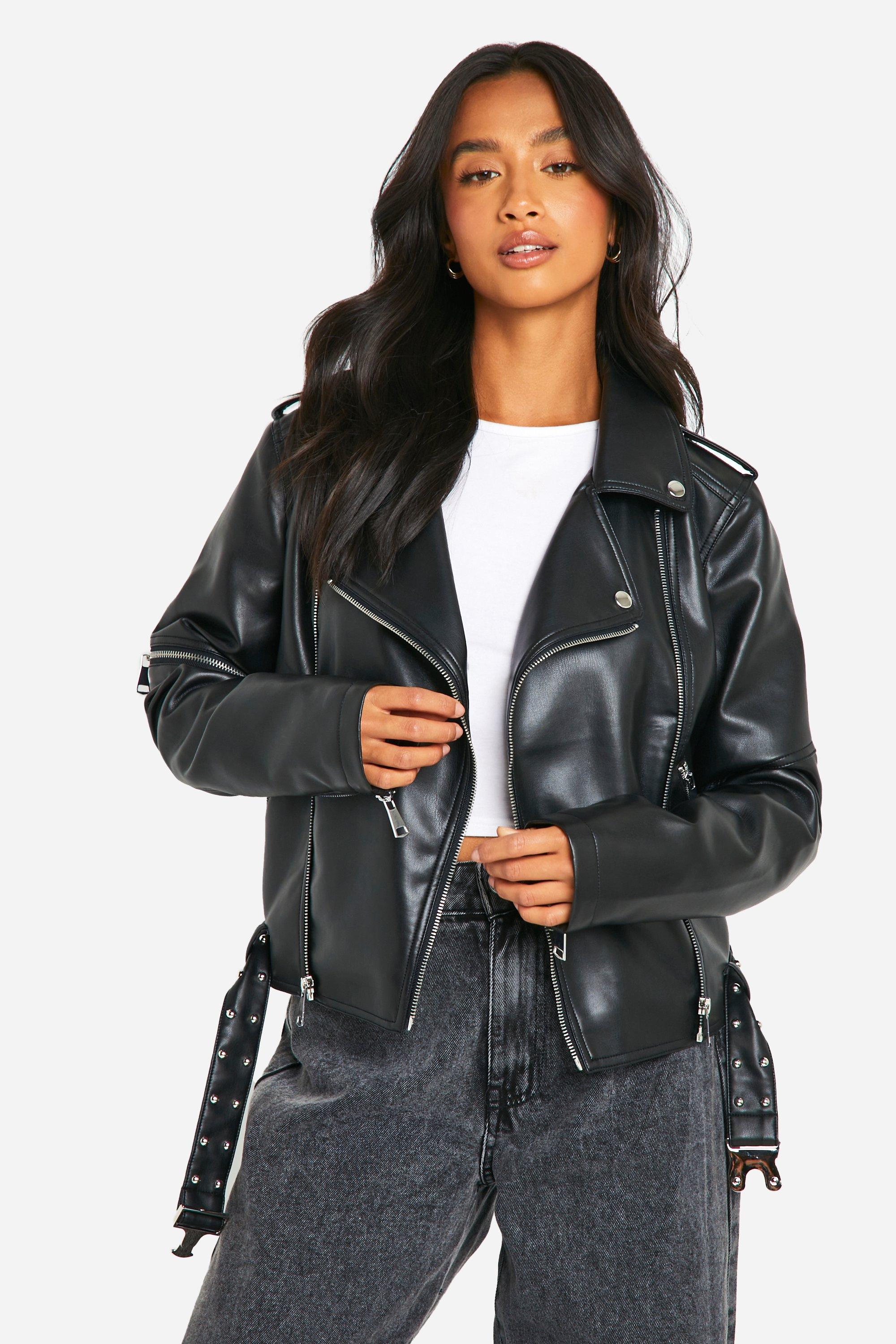 Boohoo Petite Nepleren Biker Jas Met Riem Detail, Black