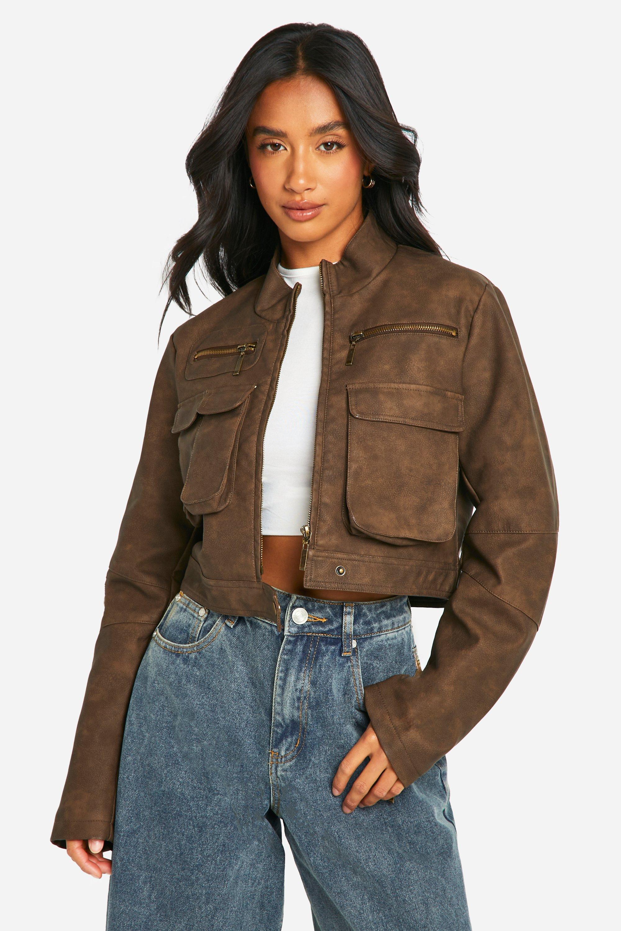 Boohoo Petite Korte Nepleren Biker Jas Met Zak Detail, Brown