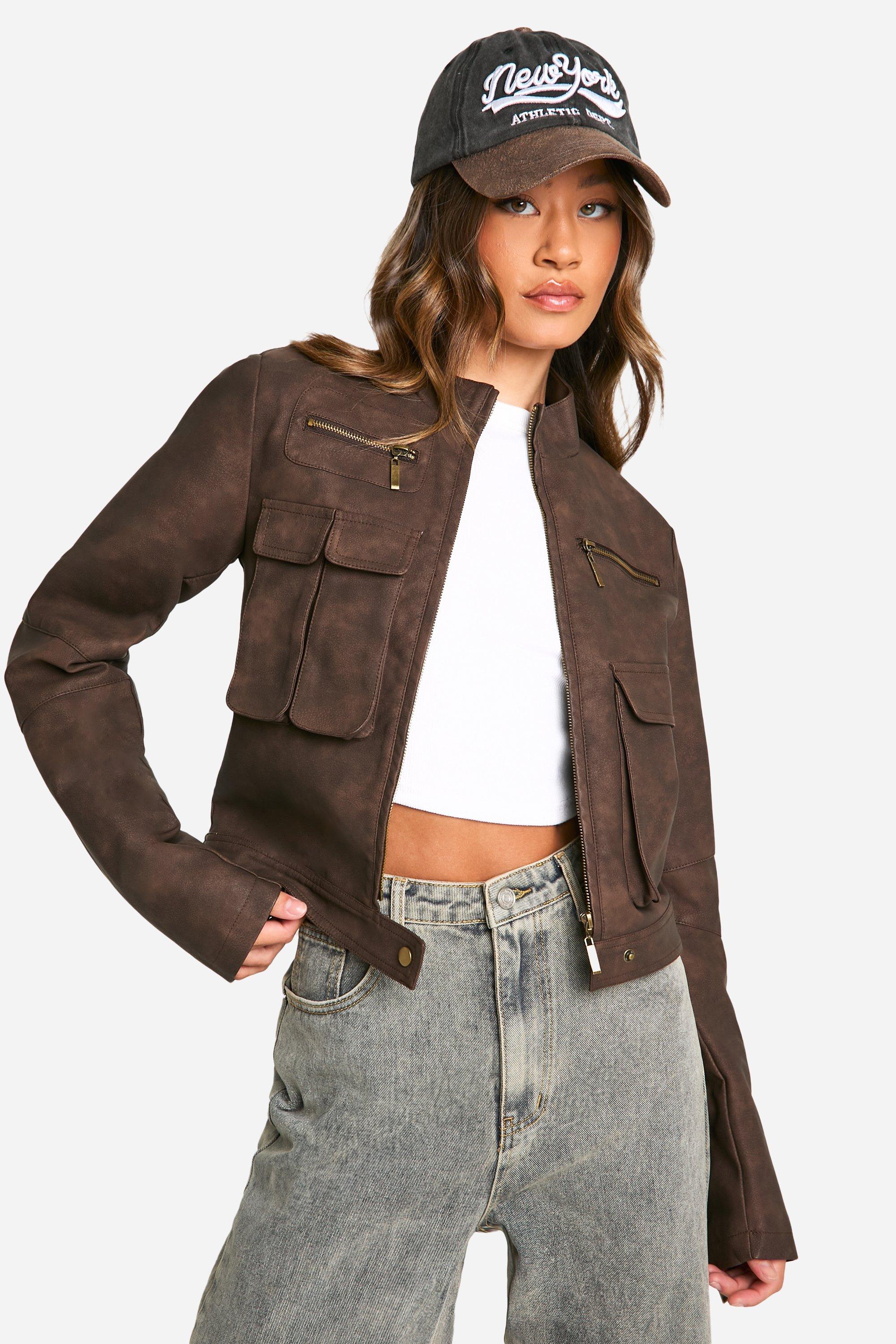 Boohoo Tall Korte Nepleren Biker Jas Met Zak Detail, Brown