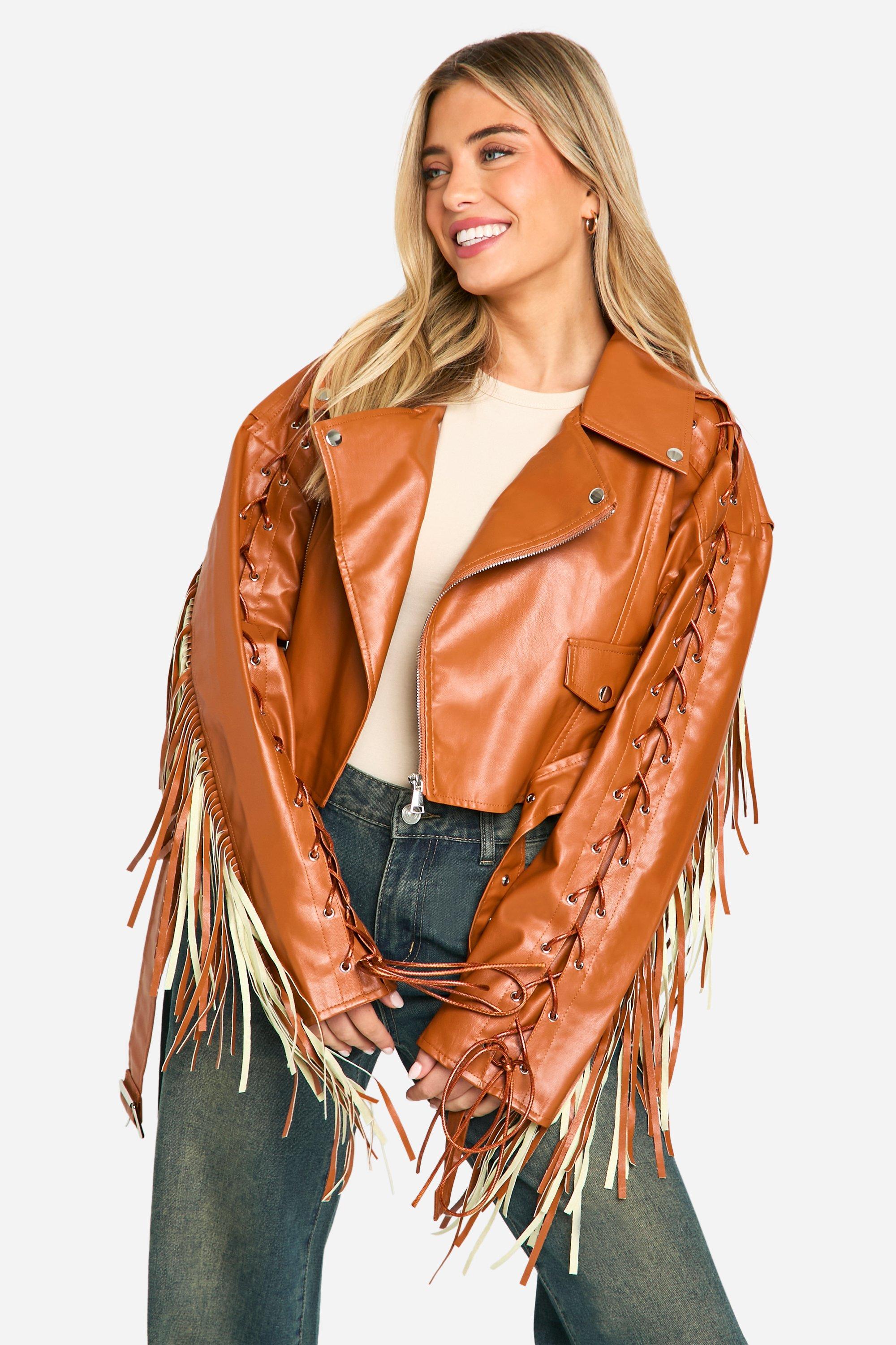 Boohoo Gerafelde Nepleren Biker Jas Met Ceintuur, Tan