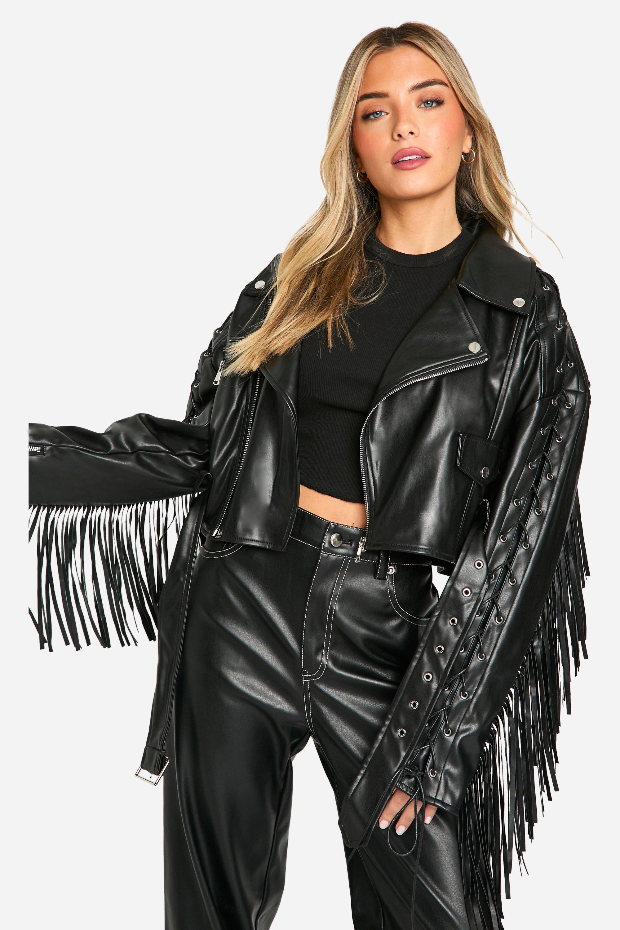 Boohoo Gerafelde Nepleren Biker Jas Met Ceintuur, Black