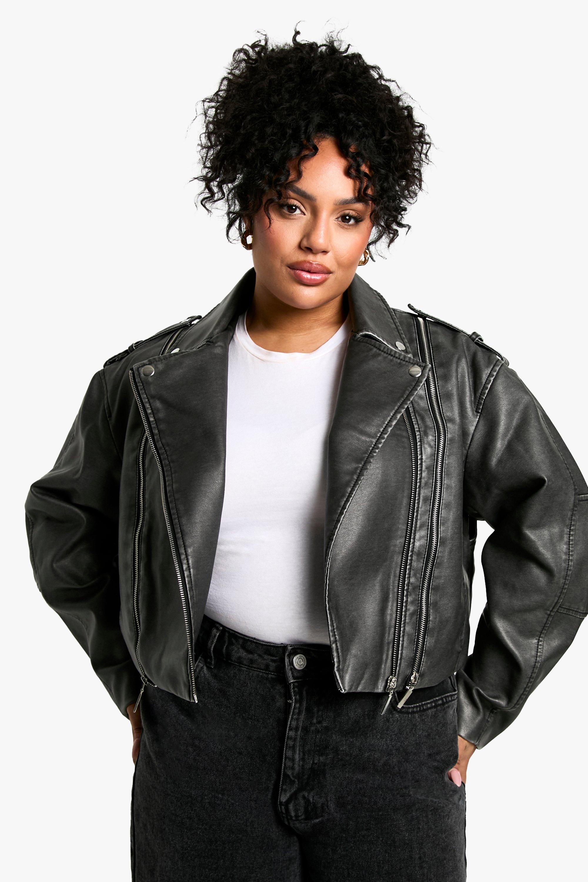 Boohoo Plus Nepleren Biker Jas, Black