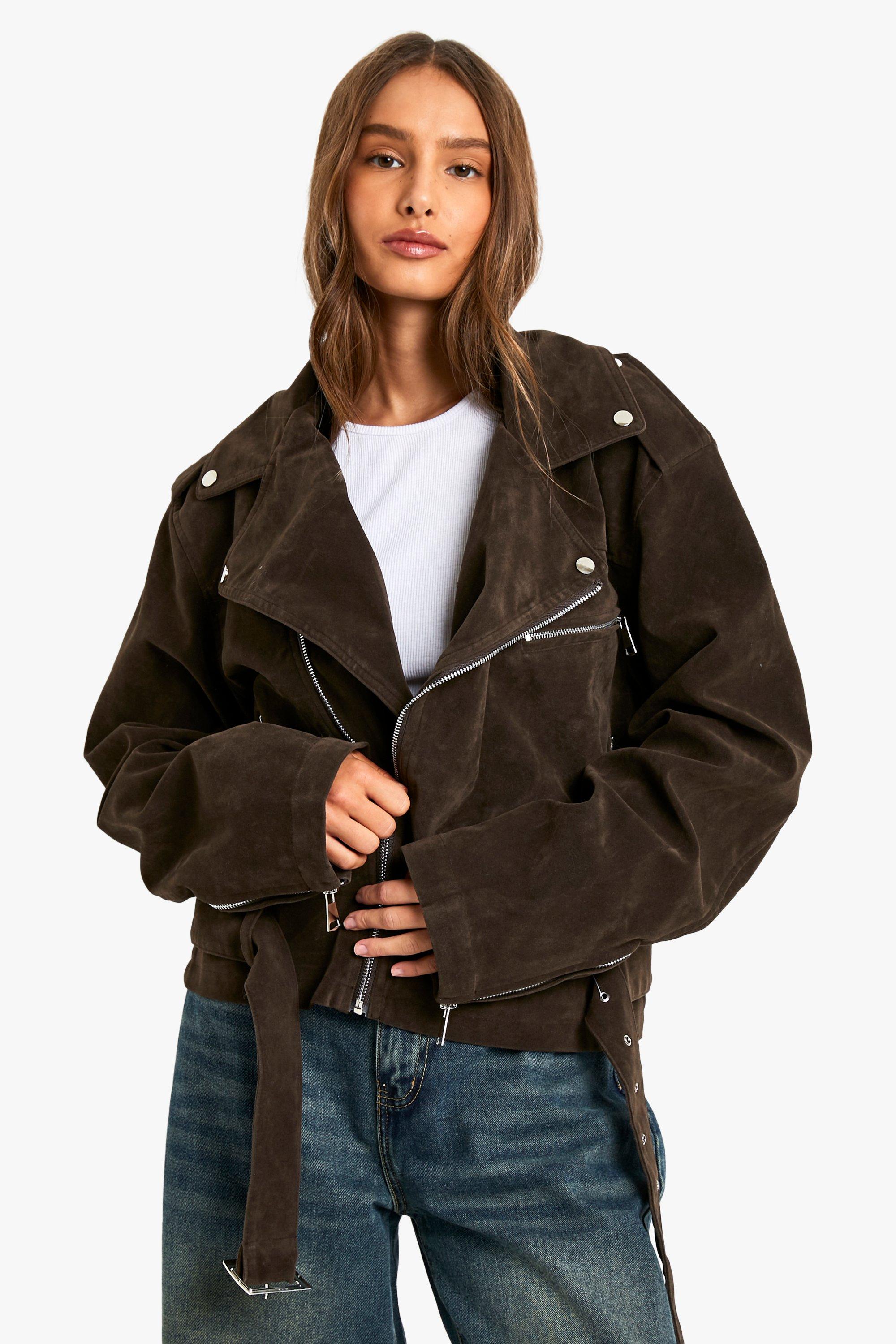 Boohoo Oversized Nep Suède Biker Jas, Chocolate