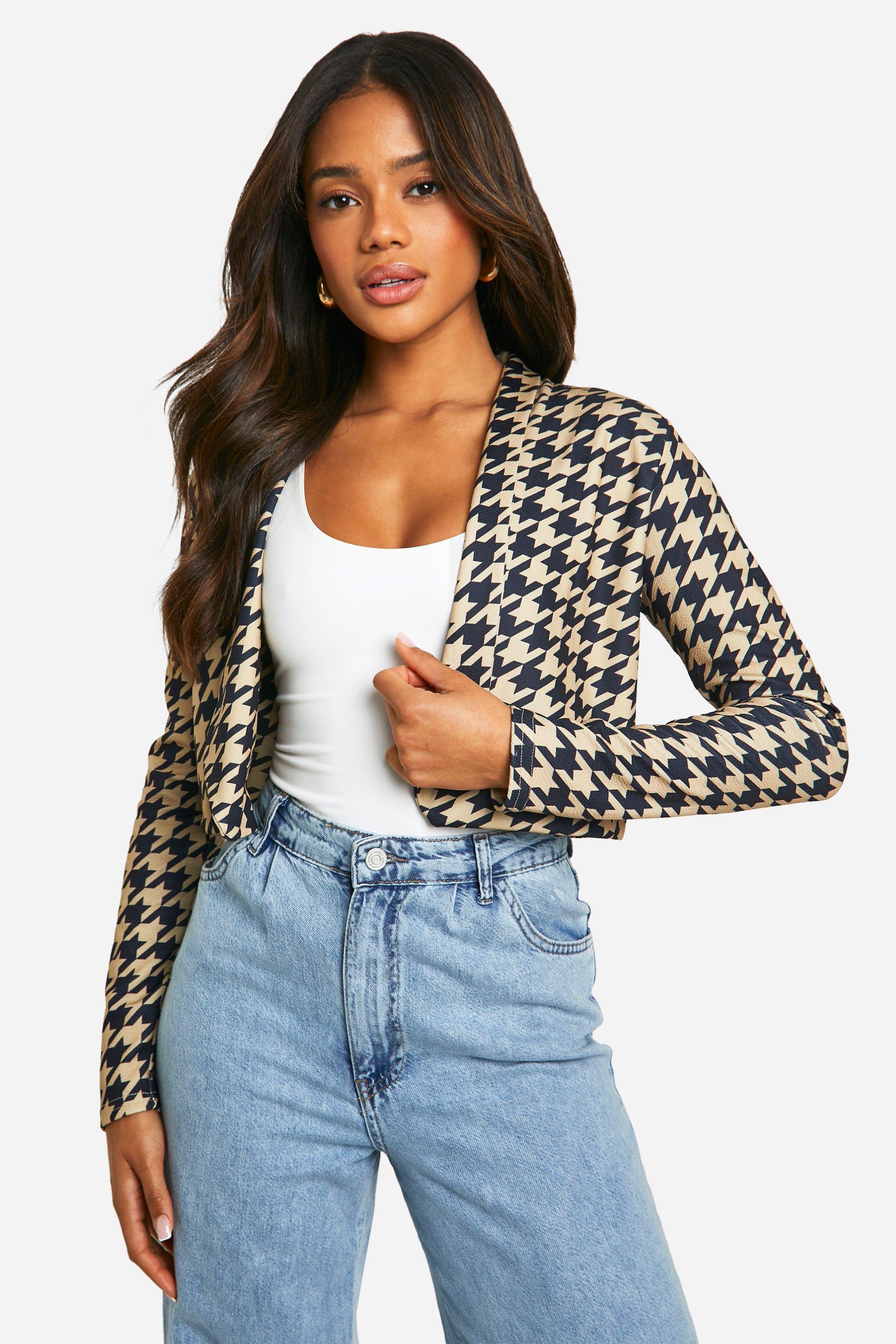 Boohoo Basic Monochrome Jersey Crêpe Dogtooth Blazer, Camel