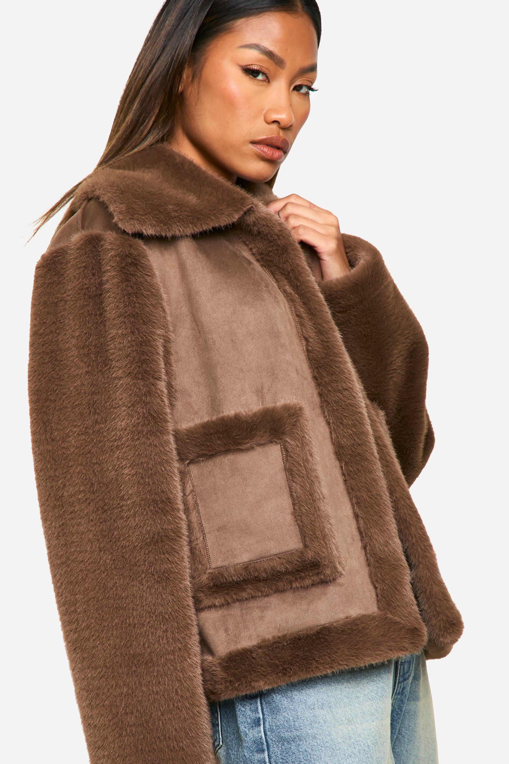 Boohoo Korte Faux Fur Jas, Chocolate