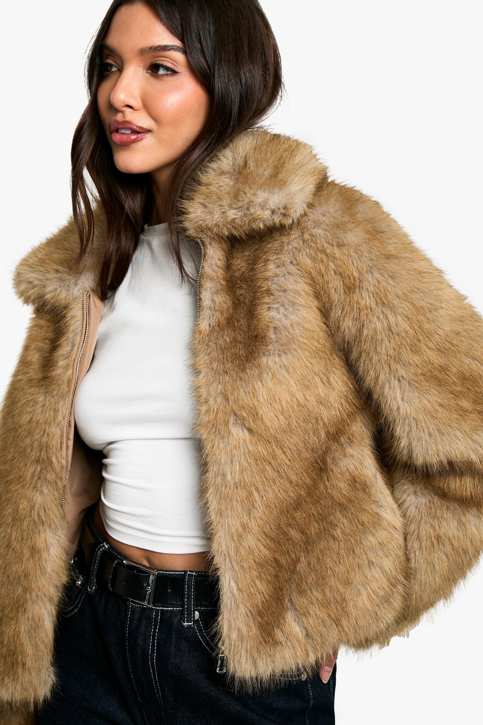 Boohoo Premium Faux Fur Jas Met Kraag, Biscuit