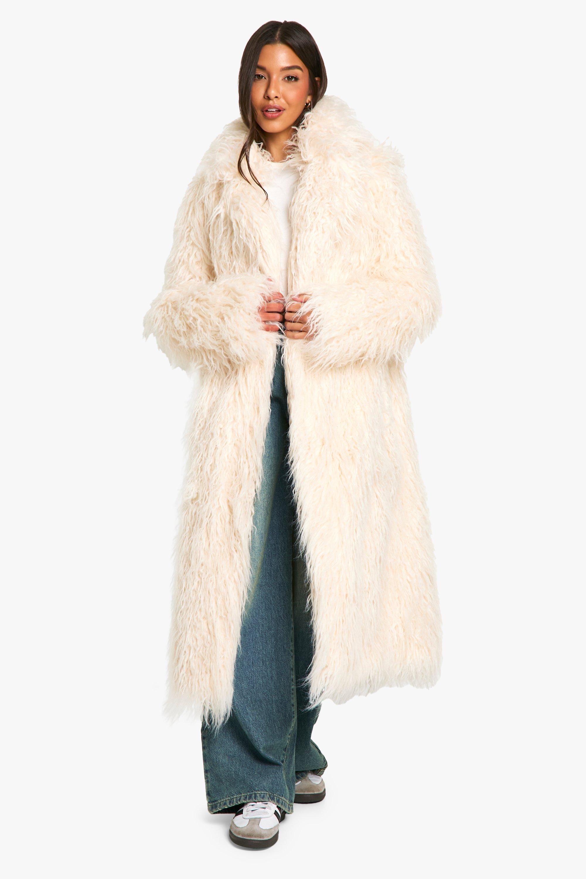 Boohoo Lange Faux Mongolian Fur Jas, Cream