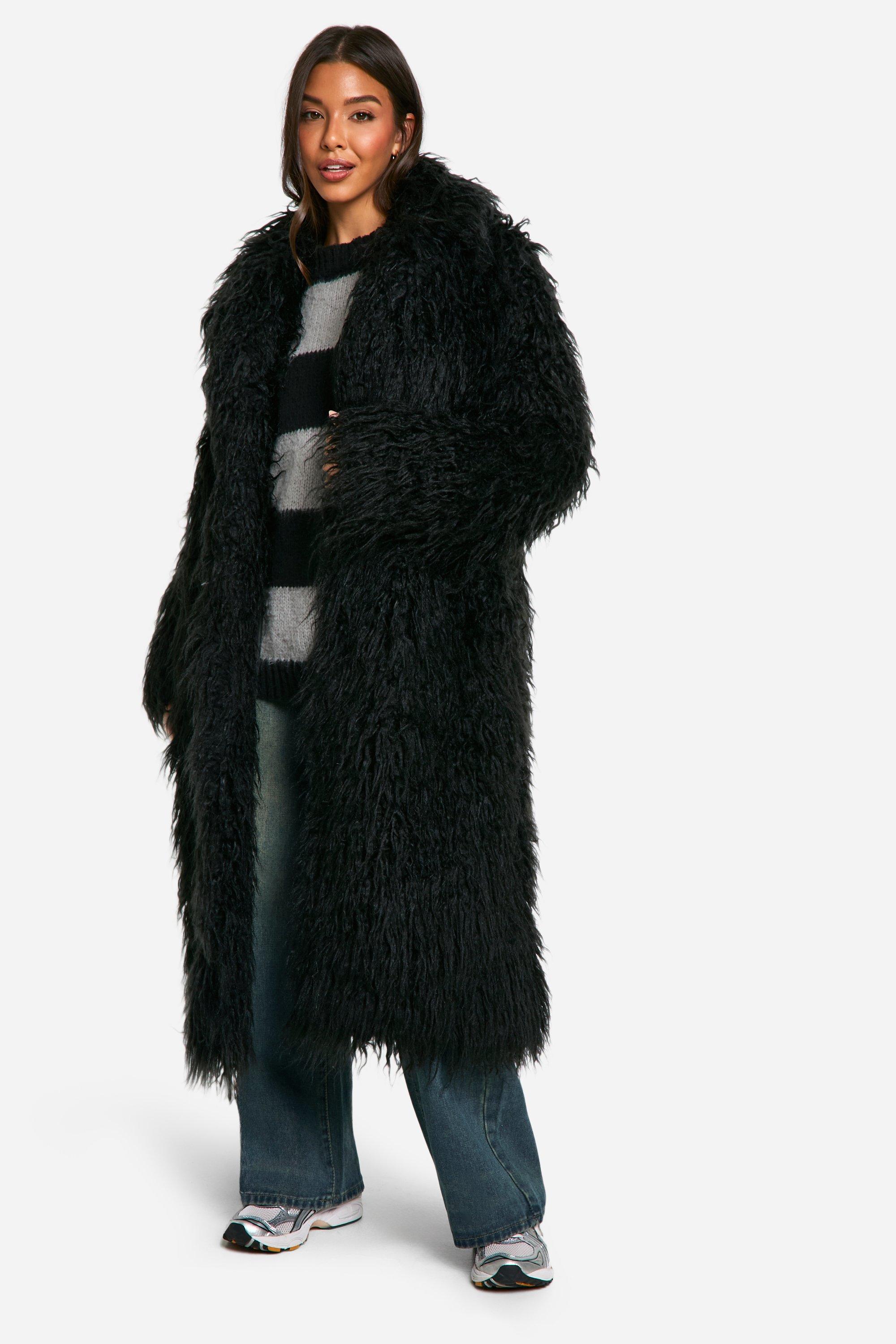 Boohoo Lange Faux Mongolian Fur Jas, Black